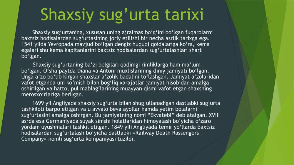 assislar o‘rtasida keng tarqalgan fikrlarga ko‘ra, shaxsiy sug‘urta 2 ta kichik tarmoqqa bo‘linadi: sog‘liqni sug‘urtalash, o‘z navbatida, 2 ta guruhga bo‘linadi: baxtsiz hodisalardan sug‘urtalash; tibbiy sug‘urta. shaxsiy sug‘urtani hayot sug‘urtasiga va sog‘liqni sug‘urtasiga bo‘linishiga asosiy sabab sug‘urta summalarini jamg‘arilib borilishidir.hayot sug‘urtasi uzoq muddatli bo‘lib, unda shartnoma bo‘yicha belgilangan sug‘urta summasi har yili jamg‘arilib boradi. fuqarolarni baxtsiz hodisalardan sug‘urtalashda sug‘urta summalari jamg‘arilmaydi, muddati 1 yildan oshmaydi. 2002 yilning 28 mayidan e’tiboran “sug‘urta faoliyati to‘g‘risida” qonunning qabul qilinishi bilan sug‘urta 2 ta tarmoqqa bo‘lindi: hayot sug‘urtasi umumiy sug‘urta qonunga asosan sug‘urtalovchilarning faoliyati sug‘urtaning qaysi tarmog‘iga ixtisoslashganligiga qarab alohida litsenziyalanadigan bo‘ldi. hayot sug‘urtasini amalga oshirish huquqini beruvchi litsenziyaga ega bo‘lgan sug‘urtalovchilar umumiy sug‘urta turlarini o‘tkazishga haqli emas yoki aksincha. ixtiyoriy shaxsiy sug‘urta turlariga quyidagilar kiradi: hayot sug‘urtasi; fuqarolarni baxtsiz hodisalardan sug‘urtalash; fuqarolarning sog‘lig‘ini va kasalliklardan sug‘urtalash; fuqaroni ma’lum yoshgacha yetishish sug‘urtasi; vafot etish holatidan uzoq muddatli sug‘urta; tibbiy sug‘urta; chet elga ketuvchilarni kasalliklardan …