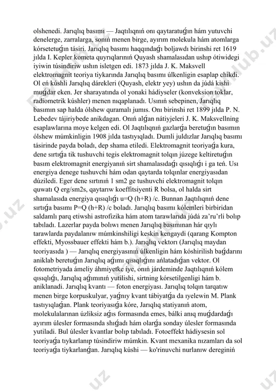 qlıq aǵımı dep ataladı, yaǵnıy f= w/t, bunda f — jarıqlıq aǵımı ; t — jarıqlıq túsip atırǵan waqıt aralıǵı ; w — sirt arqalı ótip atırǵan, yaǵnıy keńislikdegi múyesh o. de tarqalıp atırǵan jarıqlıq energiyası. eger w — noqatlıq derekten barlıq jónelisler boyınsha tarqalıp atırǵan jarıqlıq energiyasını ańlatpalasa, f — tolıq jarıqlıq aǵımın ańlatadı. jarıqlıq aǵımınıń ólshem birligi etip lyumen (lm) qabıl etilgen. ol jarıqlıq kúshi 1 qd bolǵan derektiń keńislikdegi múyesh 1 sr de payda etatuǵın jarıqlıq aǵımın ańlatadı : 1 kd1 sr=1 lm. jarıqlıq energiyası — insan kózi sezetuǵın elektromagnit tolqınlar energiyası bólegi. ol jarıqlıq aǵımınıń jaqtılandıriw dawamliligiga kóbeymesine teń. jarıqlıq energiyası birligi — lyumen x xsekund (lms).[1] 1.1jaqtiliq tezligi ha’m oni o’lshew usillari jaqtılıqnıń tómendegi ózgeshelikleri ajıratıp kórsetiledi: intensivlik chastota qutblanish jarıqlıq máseleleri menen fizikaning optikalıqa bólimi shuǵıllanadı. bir-birinen bir neshe kilometr uzaqlıqda jaylastırılǵan ekew adamnıń birine panıs berilgen. panısdı bir minutǵa jasırıp ashqan adam waqtın …