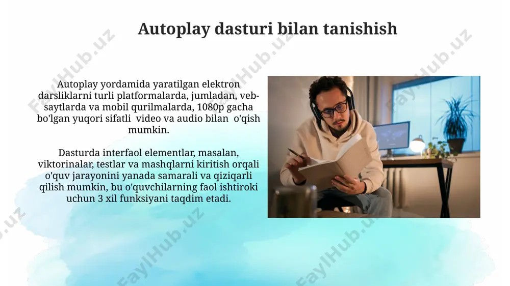 ia elementlar (rasmlar, videolar, audio) sonini aniqlash va ularning sifatini, hajmini (mb) va yuklanish tezligini tahlil qilib, umumiy fayl hajmini hisoblash lozim. navigatsiya tizimini yaratish interaktiv xarita yoki kontent jadvali orqali navigatsiya, jumladan, 10 dan ortiq bo'limli katta hajmdagi elektron darsliklar uchun foydalanuvchi interfeysi samaradorligini sezilarli darajada oshiradi. elektron darslikdagi navigatsiya tizimi foydalanuvchiga 3 xil rejimda – ketma-ket, tasodifiy va bo'lim bo'yicha – o'tish imkonini berishi kerak, bu esa o'qish jarayonini diversifikatsiya qiladi. autoplay xususiyatlaridan foydalanish autoplay funksiyasi orqali elektron darslikka 5 dan ortiq ovozli fayllar, musiqa va tovushlarni qo'shish mumkin, bu o'quv materialini boyitadi va esda qolishini yaxshilaydi. elektron darslikning hajmini kamaytirish va yuklanish tezligini oshirish uchun autoplay imkoniyatlaridan foydalanib, yuqori sifatli rasmlarni 72 dpi o'lchamda siqish mumkin. e'tiboringiz uchun rahmat @taqdimot_robot image2.jpg image3.jpg image4.jpg image5.jpg image6.jpg image7.jpg image8.jpg image9.jpg image10.jpg image11.jpg image12.jpg image13.jpg image14.jpg image15.jpg image16.jpg image17.jpg image18.jpg image1.png