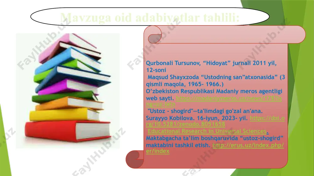 matchilar uchun; - mavjud va bo‘lajak rahbarlar uchun; - ma’muriy–tarbiya strategiyasi sifatidagi ustozlik dasturlari aqsh da ustozlik dasturlari individual xususiyatda bo‘lib, yangi xodimning o‘z vazifalari doirasini qanchalik mustaqil o‘zlashtirishiga ko‘proq urg‘u beriladi. rossiya ekspertlarining birinchi marta lavozimga tayinlangan davlat xizmatchilari orasida o‘tkazgan anonim so‘rovlari natijalariga ko‘ra, so‘ralganlarning 70% ga yaqini 3 oydan 6 oygacha bo‘lgan muddatda o‘z xizmat vazifalarini bajarishda ma’lum qiyinchiliklarga duch kelishgan va hamkasblar ko‘magiga muhtoj bo‘lishgan. birinchi marta lavozimga tayinlangan va uch yilgacha xizmat qilayotgan davlat xizmatchilarining ko‘pchiligi ustozlar faoliyatini ijobiy baholashgan. yaponiya davlat idoralarida yosh mutaxassislarni moslashtirish va ustozlik dasturlarini ishlab chiqishda korporativ ruhni tarbiyalashga (kelib qo‘shilgan idora qadriyatlarini qabul qilish, idora sha’niga mos bo‘lish, jamoaga mansubligidan g‘ururlanish) ko‘proq ahamiyat beriladi. qiyosiy tahlil etilganligi o’zbekistondagi holat xorijdagi holat taklif o’zbekistonda yangi ishga kelgan o’qituvchiga ustoz briktiriladi. ustoz shogirdining faoliyatini doimiy nazorat qiladi. kamchiliklarini o’z vaqtida bartaraf qilishga ko’maklashadi. shogird o’z navbatida tabiiyki bilim va malakasini ooshirib …