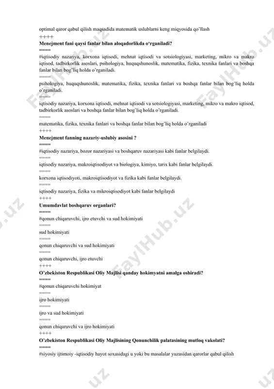 fanlar belgilaydi ++++ umumdavlat boshqaruv organlari? ==== #qonun chiqaruvchi, ijro etuvchi va sud hokimiyati ==== sud hokimiyati ==== qonun chiqaruvchi va sud hokimiyati ==== qonun chiqaruvchi, ijro etuvchi ++++ o’zbekiston respublikasi oliy majlisi qanday hokimyatni amalga oshiradi? ==== #qonun chiqaruvchi hokimiyat ==== ijro hokimiyati ==== ijro va sud hokimiyati ==== qonun chiqaruvchi va ijro hokimiyati ++++ o’zbekiston respublikasi oliy majlisining qonunchilik palatasining mutloq vakolati? ==== #siyosiy ijtimoiy -iqtisodiy hayot soxasidagi u yoki bu masalalar yuzasidan qarorlar qabul qilish ==== o’zbekiston respublikasi bosh prokurorini tasdiqlash ==== o’zbekiston respublikasi konstitutstiyaviy sudini saylash ==== qonunchilik palatasi deputatlarini deputatliklikdan ozod etish ++++ o’zbekiston respublikasi oliy majlisining tashkiliy shakli? ==== #sessiya ==== yig’ilish ==== majlis ==== plenum ++++ o’zbekiston respublikasida mahalliy hokimiyatning vakillik organiga kim boshchilik qiladi? ==== #hokim ==== rais ==== oqsoqol ==== kengash raisi ++++ o’zbekiston respublikasi qaysi ma’muriy-hududiy tuzilmalarida mahalliy hokimiyatning vakillik organlari mavjud? ==== #viloyatlar, tumanlar, shaharlarda. ==== viloyatlar, tumanlar, ovullarda, …