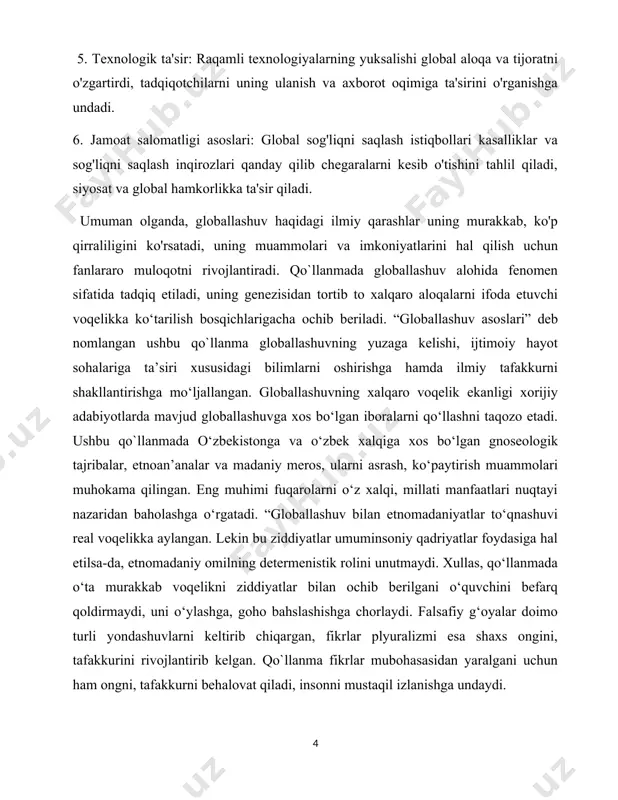 , mazkur jarayonlarni obyektiv o‘rganish asosida insondagi ijtimoiy borliq haqidagi tasavvurlarni boyitish, to‘ldirish o‘ta muhimdir. shunday obyektiv bilimlarga ega bo‘lmaslik globallashuvni noto‘g‘ri talqin qilishga, hatto milliy taraqqiyotga zid voqelik degan tushunchalarni kelib chiqishiga sababchi bo`lishi mumkin. “globallashuv asoslari” tushunchasining maqsadi va vazifalari global voqelikning, globallashuv jarayonlarining o‘zi kabi keng hamda globaldir. u hal etishi zarur bo‘lgan dolzarb masalalar quyidagi yo‘nalishdan iborat: 1) umuminsoniy, umumsayyoraviy muammolar; 2) milliy, etnomadaniy, etnosotsial muammolar; 3) ushbu ikki yo‘nalishni ijtimoiy va inson taraqqiyoti nuqtayi nazaridan uyg‘un- lashtirib, sinergetik jihatdan tadqiq etishdir. bu muammolarni turlicha talqin etish mumkin. masalan, umuminsoniy, umumsayyoraviy muammolarning o‘zi nima? ular qaysi jihatlariga muvofiq global ahamiyatga ega? kim ularni keltirib chiqaryapti? nega ularni jilovlash, regulyatsiya qilish mumkin emas? ilm-fan, xususan, ijtimoiy falsafa bu borada nimalar deyapti? bu savollarning birortasiga aniq javob yo‘q. ularga javobni “globallashuv asoslari” kabi ilm sohalari berishi kerak. biroq bu sohadagi ilmiy-tadqiqotlar endigina boshlanmoqda. ushbu ilmiy-nazariy muammolar endi ochiq, …