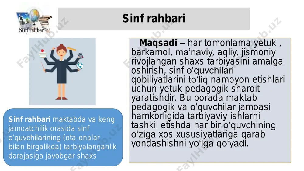 da sinfdagi ijtimoiy muhitni sog‘lom ravishda ushlab turish imkoni; 3. ota-onalar tomonidan o‘z farzandlarining ta’lim-tarbiya jarayoniga nisbatan qiziqishining ortishi. ota-onalar yig‘ilishi ota-onalar yig‘ilishi – bu ota-onalar bilan birgalikdagi ishning asosiy shakli bo‘lib, u yerda sinf jamoasining hayoti, o‘quvchilarni maktabda va uyda tarbiya- lashning eng muhim masalalari bo‘yicha qarorlar muhokama qilinadi va qabul qilinadi. maqsadi – bolaning ma’naviy boy , axloqiy jihatdan sof va jismonan sog‘lom shaxs bo‘lib voyaga yetishi uchun sharoit yaratishda maktab va oilaning harakatlarini muvofiqlashtirish va birlashtirish. ota-onalar yig’ilishi ota-onalar yig‘ilishi maktab bilan ota- onalar hamkorligida olib boriladigan asosiy bosqich. ota – onalar yig‘ilishi o‘quv yili davomida 4-5 marta o‘tkaziladi yig‘ilishda sinfning o‘quv tarbiya masalalari muhokama qilinadi. ota-onalar yig‘ilishi quyidagi bosqichda bo‘lishi mumkin: • tashkillashtirilgan; • oraliq; • yakuniy; • maktabning umumiy yig‘ilishi. ota-onalar yig‘ilishiga tayyorgarlik • fan o‘qituvchilaridan o‘quvchilarning o‘zlashtirish darajasi haqida to‘plab borgan ma’lumotlari haqida umumiy hisobot tayyorlaydi. • o‘quvchilarning yutuqlari va kamchiliklari, qiziqishlari va takliflarni …