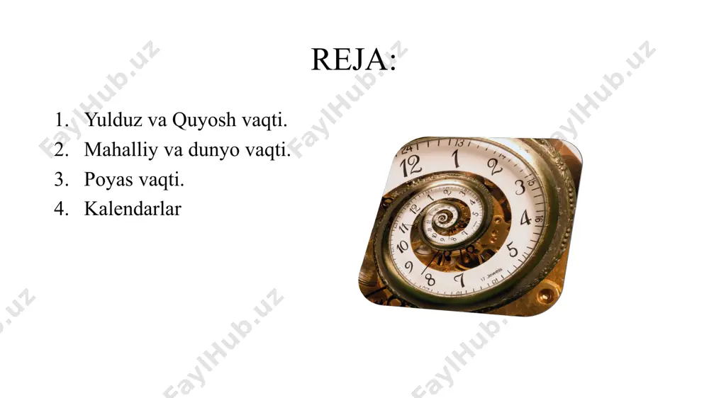 oriy λ1 va λ2 uzunlamalarga ega bo‘lgan punktlarning mahalliy vaqtlari t1 va t2 orasida quyidagicha bog‘lanish mavjud: λ1 - λ2=t1 - t2 dunyo vaqti uzunlamasi nolga teng bo‘lgan meridianning (ya’ni grinvich meridianining) mahalliy vaqti, shartli ravishda, dunyo vaqti to qilib olingan. ixtiyoriy λ uzunlamaga ega bo‘lgan punktning mahalliy vaqti tλ , dunyo vaqti to orqali quyidagicha topiladi (chunki λο=0): tλ = to + λ poyas vaqti yer sharida cheksiz ko‘p meridian o‘tkazish mumkin bo‘lib, ularga tegishli mahalliy vaqtlar ham cheksiz ko‘p bo‘ladi. shuning uchun ham amalda mahalliy vaqtdan foydalanib bo‘lmaydi. shu boisdan, xalqaro kelishuvga muvofiq, yer shari 24 ta poyasga bo‘lingan. har bir poyas uchun alohida vaqt belgilanadi. ular bir-biridan uzunlamalari o‘rtacha 15° farq qiluvchi meridianlar bilan chegaralanadi va tartib bilan 0 dan 23 gacha (0, 1, 2, 3, ..., 23) raqamlanadi. har bir poyas uchun bitta meridian asosiy meridian qilib olinadi. asosiy meridianlarning uzunliklari (λ) mos ravishda 0h, 1h, …