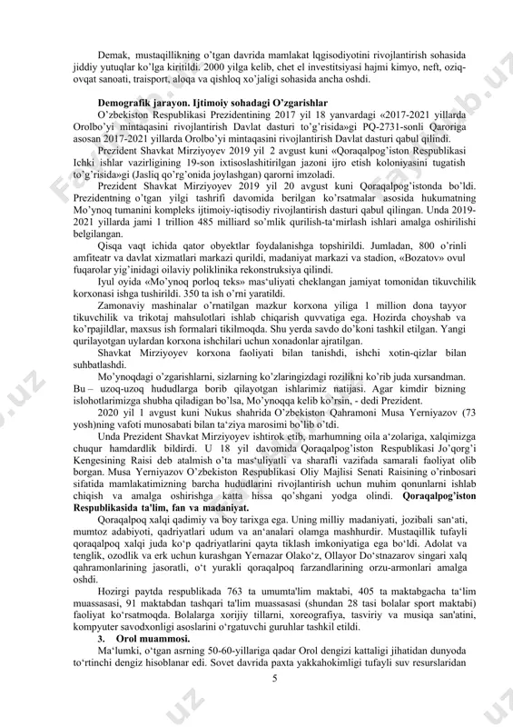 ib borilayotgan iqtisodiy islohotlarni amalga oshirishda ko’p millatli qoraqalpog’iston xalqining, ana shu mo’tabar yurt kishilarining ham munosib hissasi bor. sanoatida ishlov beruvchi va xom ashyo yetkazib beruvchi tarmoqlar mavjud bo’lib, ular quyidagilardan iborat: elektroenergetika: yoqilg’i sanoati; kimyo va neft kimyosi; mashinasozlik va metallsozlik; o’rmon, yog’ochni qayta ishlash va sellyuloza-qog’oz; unyorma va aralash yem; poligrafiya sanoatlari. taxiatosh issiqlik elektr stansiyasi respublika va qo’shni viloyatlarning elektr energiyasiga bo’lgan talabini qondiradi (stansiyaning o’rtacha yillik quvvati 443,4 mvt). 1996 yilda ko’ng’irot tumanida «ustyurtgaz» korxonasining ishga tushirilishi bilan yoqilg’i sanoati vujudga keldi. 2004 yilda respublika bo’yicha 1697,1 mln. m3 gaz va 30,4 ming t kondensat yetkazib berildi. 1993 yilda «nukuskabel» ishga tushirilishi bilan kabel sanoati vujudga keldi. mustaqillik yillarida qo’ng’irot un zavodi (1993), «to’rtko’ldon» (1997), kichik novvoyxonalar va makaron i.ch. korxonalari bunyod etildi. yirik sanoat korxonalari amudaryo tumanida (paxta zavodi va ip yigiruv va to’qimachilik fabrikasi), beruniy tumanida (paxta, yog’moy zavodlari, to’qimachilik korxonasi), qo’ng’irot tumanida …
