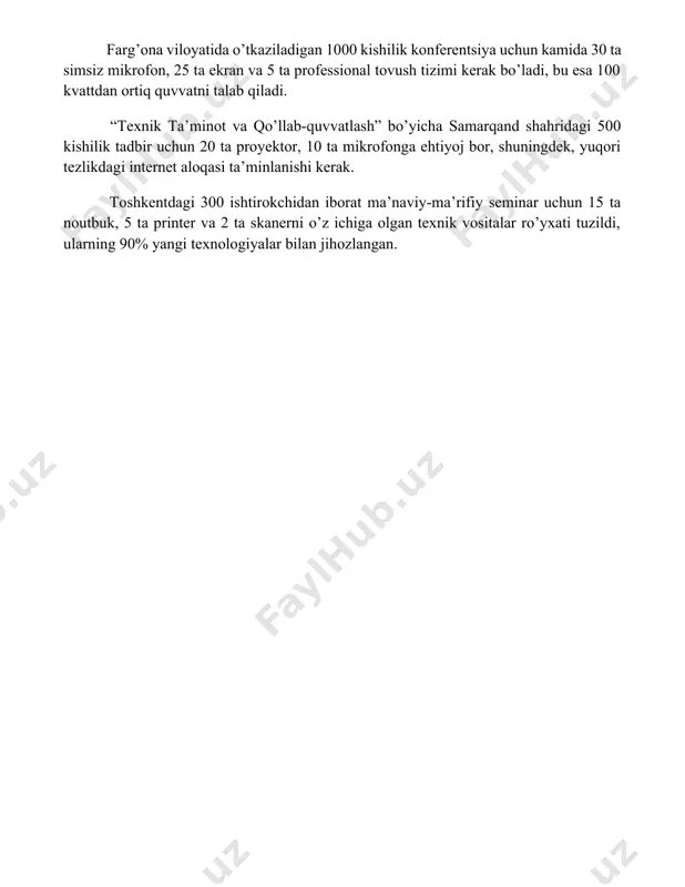 kchidan iborat ma’naviy-ma’rifiy seminar uchun 15 ta noutbuk, 5 ta printer va 2 ta skanerni o’z ichiga olgan texnik vositalar ro’yxati tuzildi, ularning 90% yangi texnologiyalar bilan jihozlangan. 📌xulosa маънавий-маърифий тадбирларни самарали ташкил этиш, жамиятда маънавиятни юксалтириш, ёшларни ватанпарварлик, миллий ғурур ва инсонийлик фазилатларига тарбиялашда муҳим омил ҳисобланади. уларнинг мунтазам ўтказилиши жамият ривожига хизмат қилади. 📚foydalanilgan adabiyotlar 1. маънавий-маърифий тадбирларни ташкил этиш ва ўтказиш бўйича услубий тавсиялар. (ушбу манбанинг аниқ номи ва нашриёт маълумотлари келтирилмаганлиги сабабли, бу фақатгина мисол сифатида берилган.) 2. ёшлар ўртасида маънавий-ахлоқий тарбияни кучайтиришда маданий-маърифий тадбирларнинг роли. (манба номи ва нашриёт маълумотлари келтирилмаган.) 3