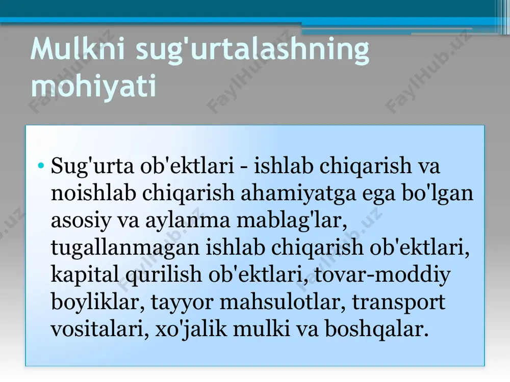 onel tizim sug'urtasi o'zgartirish xarajatlarini sug'urtalash o'zgartirish qiymati tizimi bo'yicha sug'urta ob'ekt uchun sug'urta tovonining tegishli turdagi yangi mulk narxiga teng ekanligini anglatadi. mulkning eskirishi hisobga olinmaydi. o'zgartirish qiymati bo'yicha sug'urta qilish sug'urta qoplamasining to'liqligi printsipiga mos keladi. mas'uliyatni cheklash sug'urtasi maksimal javobgarlik tizimi bo'yicha sug'urtalash sug'urta tovonining miqdori bo'yicha ma'lum chegara mavjudligini anglatadi. ushbu xavfsizlik tizimiga ko'ra, qoplanadigan zarar miqdori oldindan belgilangan chegara va erishilgan daromad darajasi o'rtasidagi farq sifatida aniqlanadi. limit javobgarlik sug'urtasi odatda katta xavf sug'urtasi uchun, shuningdek daromad sug'urtasi uchun qo'llaniladi. agar sug'urta hodisasi natijasida sug'urtalangan shaxsning daromadlari darajasi belgilangan limitdan kam bo'lsa, u holda limit va haqiqatda olingan daromad o'rtasidagi farq qoplanishi kerak. korxonalar, tashkilotlar, fuqarolarning mol-mulkini sug'urta qilish hozirgi vaqtda korxonalar, tashkilotlar, fuqarolarning mol-mulkini sug'urtalash asosan ixtiyoriy shaklda amalga oshirilmoqda. sug‘urtalovchi sifatida xo‘jalik yurituvchi subyektlar va fuqarolar qatnashishi mumkin. sug'urtalash uchun asosiy va aylanma fondlar, tugallanmagan ishlab chiqarish ob'ektlari, kapital qurilish ob'ektlari, inventar buyumlari, …