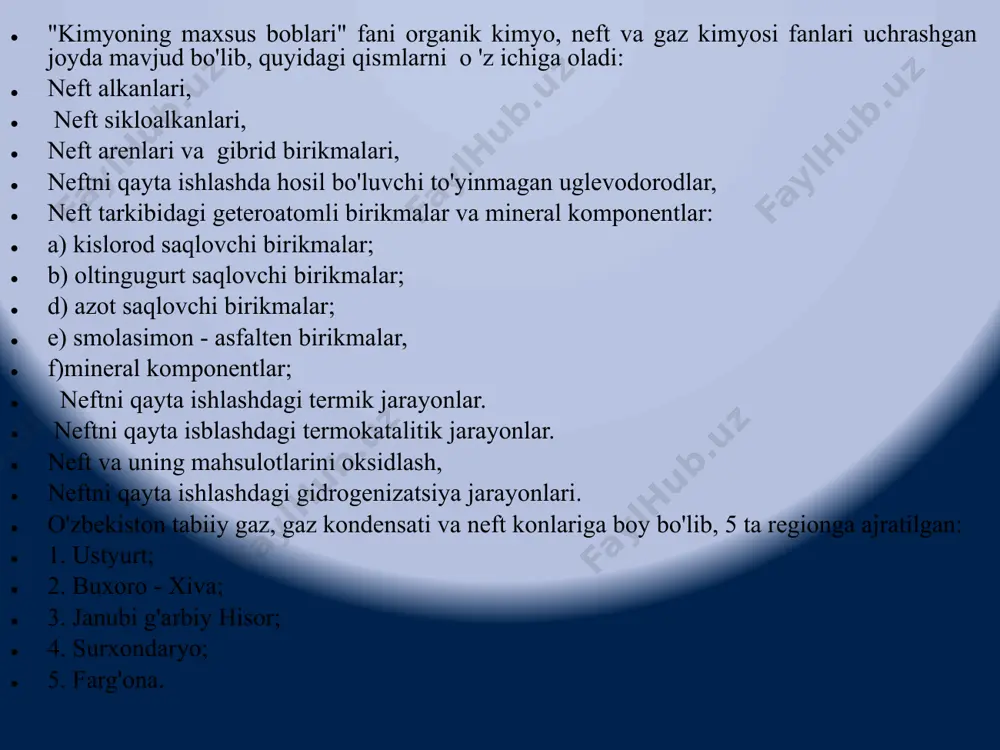 asosan neft gazlari va benzin, kerosin fraksiyalarida konsentrlangan bo'ladi. moy fraksiyalarida esa ularning miqdori keskin kamayadi. ayrim neftlarning yuqori fraksiyalarida amalda parafinlar bo'lmaydi. gaz holatidagi parafin uglevodorodlar c1 - c4 uglevodorodlar: metan, etan, propan, butan, izobutan, hamda 2,2 - dimetilpropan (c5h12) - neopentan normal sharoitda gaz holida bo'ladi. bularning hammasi tabiiy va neft gazlari tarkibiga kiradi. gaz konlari uch xil tipda bo'lishi mumkin. 1.toza gaz konlari 2.gaz kondensati konlari 3.neft konlari birinchi tipdagi gaz konlari tabiiy gaz konlari deb atalib, asosan metandan tashkil topgan bo'ladi. metanga qo'shimcha sifatida oz miqdorda etan, propan, butan, penatanning bug'lari hamda nouglevodorod birikmalar: co2, n2 va ayrim hollarda h2s bo'lishi mumkin. respublikamizning sho'rtan gaz konidagi xom gazning tarkibi quyidagicha (mol.% da): 1-jadval sho'rtan gaz koni xom gazining tarkibi (% mol.) gazning tarkibida metan juda ko'pchilikni tashkil qilsa, bunday gaz "quruq gaz” deyiladi. gaz kondensati konlaridan chiqadigan gaz, odatdagi gazdan farq qilib, metandan tashqari ko'p miqdorda …