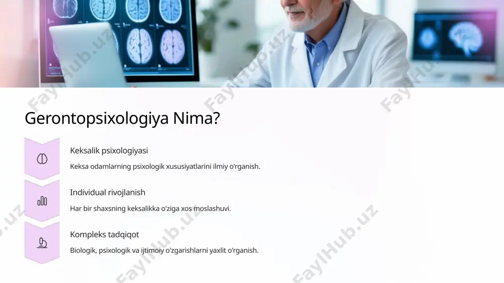 ni takomillashtirish. har xil yoshdagi odamlarning psixologik xususiyatlarini hisobga oluvchi metodikalar yaratish. psixologik yordam keksalarga psixologik maslahat va qo'llab-quvvatlash xizmatlarini taqdim etish. sog'lom keksayish bo'yicha dasturlar ishlab chiqish. ijtimoiy siyosat davlat darajasida keksalar ehtiyojlariga mos siyosat olib borish. keksalarning jamiyatdagi faol ishtirokini qo'llab-quvvatlash. 8 tadqiqot va innovatsiyalar 9 yakun: keksalik – hayotning ulug' bosqag'i 3 asosiy tamoyillar keksalikka individual yondashuv, ijtimoiy qo'llab-quvvatlash va faollikni saqlash. 70+ tajriba yillari keksalik - hayotiy tajriba va bilimlarning eng boy davri. 100% qimmatli hayot har bir keksa inson jamiyatning qadrli va hurmatli a'zosi. 10 image1.png image2.png image3.png image4.png image5.png image6.png image7.png image8.png image9.png image10.png image11.png image12.png image13.png image21.png image14.png image15.png image16.png image17.png image18.png image19.png image20.png image22.png image23.png image24.png image25.png image26.png image27.png image28.png image29.png