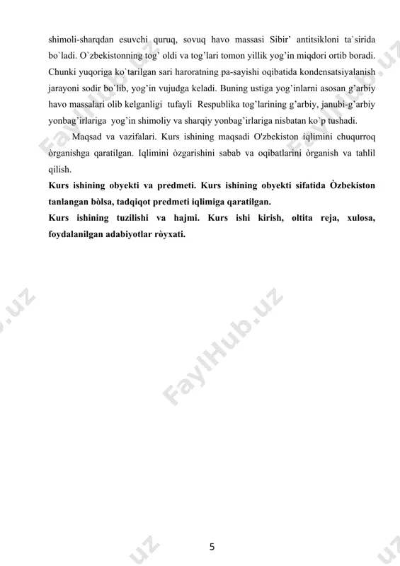 radi. chunki yuqoriga ko`tarilgan sari haroratning pa-sayishi oqibatida kondensatsiyalanish jarayoni sodir bo`lib, yog’in vujudga keladi. buning ustiga yog’inlarni asosan g’arbiy havo massalari olib kelganligi tufayli respublika tog’larining g’arbiy, janubi-g’arbiy yonbag’irlariga yog’in shimoliy va sharqiy yonbag’irlariga nisbatan ko`p tushadi. o`zbekiston hududida yog’nining notekis taqsimlanishidan tashqari u yil fasllarida ham bir xil tushmaydi. umumiy yog’in mikdorning 30—50% i bahorga, 25—40% i qishga, 10—12% i kuzga, 1—10% i yozga to`g’ri keladi. ko`rnib turibdiki, respublikamizda eng ko`p yog’in miqdori bahor va qish oylariga to`g’ri keladi. bunga asosiy sabab qish va bahorga o`zbekiston hududida sovuq havo massalari bilan iliq tropik havo massalarini ajratib turuvchi o`rta mintaqa front zonasi vujudga kelib, tsiklonlar harakati kuchayib yog’in vujudga keladi. o`zbekiston tekislik qismida, xususan ustyurt, quyi amudaryo, qizilqum, quyi zarafshon, qarshi va sherobod cho`llarida eng ko`p yog’in bahor fasliga to`g’ri kelib, bu davrda umumiy yog’in miqdorining 35-50% i tushadi: ustyurtda 35% i, quyi amudaryoda 42- i, qizilqumda 48%, quyi …