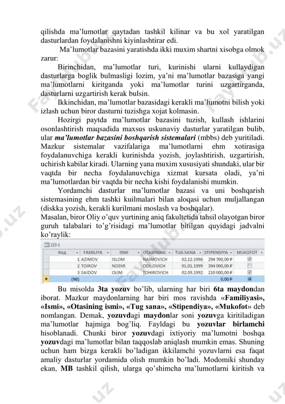 umotlardn turli kurinishda va turli masalalarni xal qilishda foydalanish imkoniyatini xisobga olmok kerak. ma’lumotlar bazasi tushunchasi fanga kirib kelgunga kadar, ma’lumotlardan turli kurinishda foydalanish juda kiyin edi. dastur tuzuvchilar ma’lumotlarni shunday tashkil kilar edilarki, u fakat karalayotgan masala uchungina urinli bulardi. xar bir masalani xal qilishda ma’lumotlar qaytadan tashkil kilinar va bu xol yaratilgan dasturlardan foydalanishni kiyinlashtirar edi. ma’lumotlar bazasini yaratishda ikki muxim shartni xisobga olmok zarur: birinchidan, ma’lumotlar turi, kurinishi ularni kullaydigan dasturlarga boglik bulmasligi lozim, ya’ni ma’lumotlar bazasiga yangi ma’lumotlarni kiritganda yoki ma’lumotlar turini uzgartirganda, dasturlarni uzgartirish kerak bulsin. ikkinchidan, ma’lumotlar bazasidagi kerakli ma’lumotni bilish yoki izlash uchun biror dasturni tuzishga xojat kolmasin. hozirgi paytda ma’lumotlar bazasini tuzish, kullash ishlarini osonlashtirish maqsadida maxsus uskunaviy dasturlar yaratilgan bulib, ular ma’lumotlar bazasini boshqarish sistemalari (mbbs) deb yuritiladi. mazkur sistemalar vazifalariga ma’lumotlarni ehm xotirasiga foydalanuvchiga kerakli kurinishda yozish, joylashtirish, uzgartirish, uchirish kabilar kiradi. ularning yana muxim xususiyati shundaki, ular bir vaqtda …