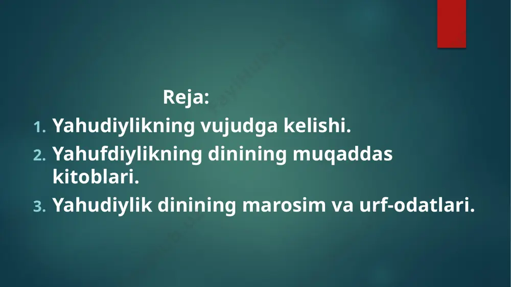 ning asosiy aqidalaridir. fanda yahudiylikning 4 bosqichi aniqlangan: eng qadimiy yahudiylik (bibliya davri), klassik yahudiylik (miloddan avvalgi 536 va milodiy 70-yillar), ravvinlar davri va yangi davr yahudiyligi (modernistik yahudiylik). pasxa. yahudiylarning yillik bayramlari ichida eng e’tiborlisi pesax (pasxa) bayramidir. bu bayram xristianlarning pasxasidan farqli o’laroq, yahudiylarning misrdagi qullikdan qutulib chiqqanlari munosabati bilan nisan (mart-aprel) oyining o’n beshinchi. uz kunidan boshlanib, sakkiz kun davom etadi. bu kunlarda hamirturishsiz non “matsa” istemol qilinadi yahudiylik dinida xilma-xil ibodatlar, duolar, urf-odatlar, roʻza tutish, xatna qilish, oziq-ovqat sohasidagi taqiqlar, shanba kuni hech qanday ish bilan shugʻullanmaslik, diniy soliqlar va yigʻimlar kabi talablar juda qatʼiy qilib qoʻyilgan. foydalanilgan adabiyotlar roʻyhati: https://uz.m.wikipedia.org/wiki/yahudiylik https://arxiv.uz/uz/documents/slaydlar/manaviyat-asoslari/yahudiylik-dinidagi-bayramlar e’tiboringiz uchun raxmat image6.jpeg image7.jpeg image8.jpeg image9.jpeg image10.jpeg image11.jpeg image12.jpeg image1.png image2.png image3.png image4.png /docprops/thumbnail.jpeg
