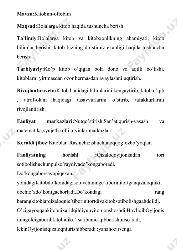 liztilidanimadeyiladi?bookrustilidachiкнига raxmatbolajonlarendidiqqatqiling! tarbiyachi:insonma’naviyatiningyuksalishida ,dunyoqarashiningshakllanishidakitobningo’rnibeqiyosdir. u nafaqatbilimbulog’i, tafakkurxazinasi, balkiinsongado’st, to’g’riyo’lko’rsatuvchitarbiyachihamdir. shuninguchun ham kitobqadrlanadi, u yuraklarniyuraklargatutashtiruvchi, qalbgaajoyibnur, aqlgaqudratberuvchivositadi.kitobgaoshnobo’lganodamo’zumrinichiroylio’tkazishga ,odamlargafaqatginayaxshiliktilashgaharakatqiladi. allomalarvabuyuklar ham barchamuvaffaqiyatlari ,yaratgankashfiyotlariuchunkitobdanminnatdorbo’ladilar. bolajonlarkitoblarningqandayxususiyatlariborekan? sarvara:bolalarqalbidayuksakma’naviyatnishakllantirishdakitobvakitobxonlikningahamiyatibeqiyosdir.kitobasrlarniasrlarga , zamonlarni –zamonlarga, rishtalarni-rishtalargaulovchivosita. “kitobsizxonadonjaholatgao’xshaydi”, deganekanbirdonishmand.lekinto’g’rikelgankitobnio’qish ham yaramaydi. aynura:chunkibuningbirqatorsabablari bor. avvalo, insonningumribarchakitoblarnio’qishgayetmaydi, bundantashqari, duchkelganasarnio’qiubketaverishkishiningsaviyasidanuningdunyoqarashiningshakllanishigasalbiyta’sirko’rsatishi ham mumkin. qadriya: hozirgikunda rang-barangvoqeavahodisalarga boy filmlarsarguzashtlarhaqidahikoyaqiluvchiboshqavositalartelevizorkampyuterinternetningta’sirikuchaymoqda . odamkitobo’qimasa , divangayotvolib fm radiosinitinglaydimmi , yoikkiuchtateleserialko’radimiboshinggarangbo’lganiqoladi alibek:bilimmanbaibo’lgankitobnisevishvao’qishuchununitanalyolishvao’qishmadaniyatinibilishkerak rishod:yaqindao’zbekistonrespublikasiprezidentining “respublikaaholisiniaxborotkutubxonabilanta’minlashnitashkiletishto’g’risida”giqarorie’lonqilindi. yoshlaro’rtasidakitobxonlikniyuksaltirishuchunmanashundayg’amxo’rlikzaruredi. bu o’zvaqtidachiqqanqaror , ertagao’zsamarasiniberishishubhasizdir tarbiyachi:kelinglarbolajonlarendibobolarimizkitoblarhaqidanimalardeganekanlarularningso’zlariga ham birquloqtutaylik . maxfiza:kitobdanyaxshiro