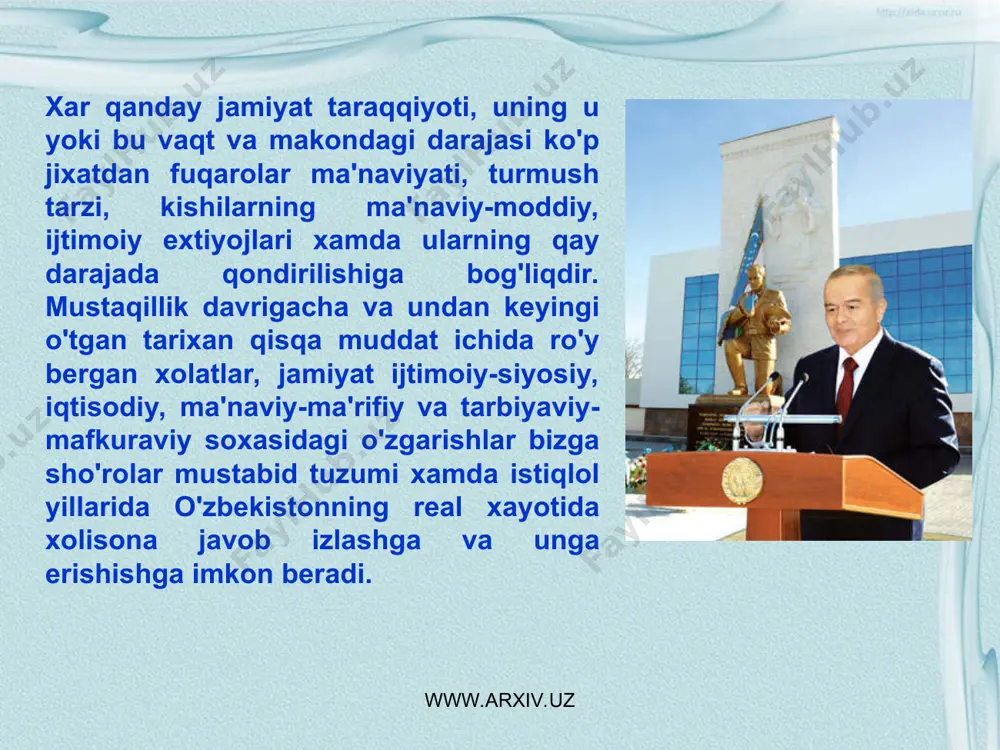 dir ». www.arxiv.uz www.arxiv.uz xaqiqatdan xam, mustaqillik yillarida ma'naviyat va ma'rifatning ijtimoiy maqsadi aniqlab olindi, uning bajarishi lozim bo'lgan vazifalari belgilandi. ana shunday sharoitda jamiyat fuqarolari tomonidan bildirilgan ijtimoiy extiyoj – ma'naviy-ma'rifiy soxalarda yangi asr va umuman, uchinchi ming yillikdagi bosh g'oya qanday bo'lishi aniqlandi. xaqiqatdan xam, mustaqillik yillarida ma'naviyat va ma'rifatning ijtimoiy maqsadi aniqlab olindi, uning bajarishi lozim bo'lgan vazifalari belgilandi. ana shunday sharoitda jamiyat fuqarolari tomonidan bildirilgan ijtimoiy extiyoj – ma'naviy-ma'rifiy soxalarda yangi asr va umuman, uchinchi ming yillikdagi bosh g'oya qanday bo'lishi aniqlandi. xaqiqatdan xam, mustaqillik yillarida ma'naviyat va ma'rifatning ijtimoiy maqsadi aniqlab olindi, uning bajarishi lozim bo'lgan vazifalari belgilandi. ana shunday sharoitda jamiyat fuqarolari tomonidan bildirilgan ijtimoiy extiyoj – ma'naviy-ma'rifiy soxalarda yangi asr va umuman, uchinchi ming yillikdagi bosh g'oya qanday bo'lishi aniqlandi. xo'sh, xozirgi va yangi asrda ma'naviyat soxasidagi bosh g'oyamiz nimalardan iborat? mazkur savolga javob bera turib, i. karimov quyidagilarni yozadi: «modomiki biz xuquqiy …