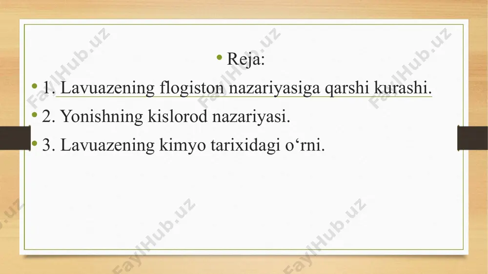 oʻlsa, uni tegishli tarkibiy kismlardan hosil qilinganda aynan oʻshancha issiqlik ajralib chiqadi” lavuazye ilmiy ishlarinipg natijalari uning 1789-yilda nashr qilingan “kimyoning elementar kursi” degan va yangi nuqtai nazar asosida yozilgan genial asarida oʻz aksini topdi. lavuazyening ilmiy yutuqlari flogiston nazariyasiga qarshi kurash (yonish, kuydirish, nafas olish jarayonlarini toʻgʻri tushuntirilishi bu nazariyani puchga chiqardi). kimyoviy elementga va murakkab moddalarga toʻgʻri taʼrif berish, kimyo reformasi – moddalar saqlanish qonunini tajriba yuli bilan isbotlash. lavuazyening hayoti davomida egallagan mansablari 1763-yilda yuridik universitet bakalavr diplomini oladi 1764-yilda huquq litsensiat darajasini oladi 1768-yilda parij fanlar akademiyasiga kimyodan adyukant 1772-yilda fanlar akademiyasining aʼzosi 1775-yilda “porox va selitra ishi boshqaruvchisi” 1778-yilda akademik pensioner 1785-yilda fanlar akademiyasining direktori 1785-yilda ziroatchilik komitetining sekratari 1788-yilda londondagi qirollik jamiyatining aʼzosi shtal tasavvurlariga muvofiq, yonuvchi moddalar flogistonga boydir. yonish jarayonida moddaning tarkibidagi flogiston ajralib chiqadi va yonish jarayoni tugagandan keyin qolgan narsaning tarkibida flogiston bo‘lmaydi va shuning uchun ham yonishda davom eta …