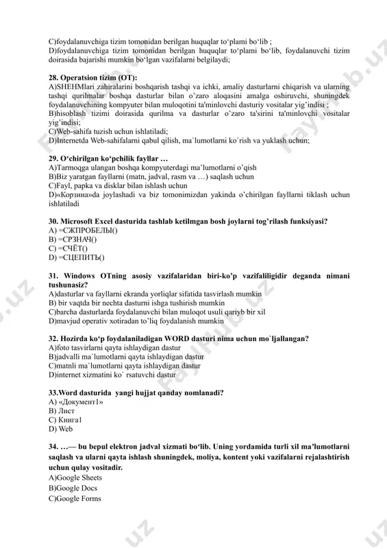 ga murojaat qilinishi mumkin bo‘lmagan shaxslarga ruxsatsiz tarqalishi natijasida buziladi 23. microsoft excel dasturida “kichik” harflarni yozish funksiyasi? a) =строчн() b) =прписн() c)=срзнач() d) =строка() 24. identifikatsiya- a)foydalanuvchi tizimga о‘zini tanitish jarayoni ; b)foydalanuvchi shaxsni tizimga tanitish jarayoni; c)foydalanuvchi tizimga о‘zni tanitish jarayoni; d)foydalanuvchi tarmoqga о‘zini tanitish jarayoni; 25. yechimini, maqsadini tоpish kеrаk bo’lgаn muаmmо: a)ilоvа b)dаstur c)mаsаlа d)аlgоritm 26.autentifikatsiya- … a)foydalanuvchiga tizim tomonidan berilgan huquqlar tо‘plami bо‘lib, foydalanuvchi tizim doirasida bajarishi mumkin bо‘lgan vazifalarni belgilaydi; b)foydalanuvchi haqiqiyligini tekshirish jarayoni bо‘lib, jarayon natijasida foydalanuvchi tizimdan foydalanish uchun ruxsat oladi yoki olmaydi ; c)foydalanuvchiga tomonidan berilgan huquqlar tо‘plami bо‘lib, foydalanuvchi tizim doirasida bajarishi mumkin bо‘lgan vazifalarni belgilaydi; d)foydalanuvchiga tizim tomonidan berilgan huquqlar tо‘plami; 27. avtorizatsiya- … a)foydalanuvchi tizimga о‘zni tanitish jarayoni; b)foydalanuvchi tarmoqga о‘zini tanitish jarayoni; c)foydalanuvchiga tizim tomonidan berilgan huquqlar tо‘plami bо‘lib ; d)foydalanuvchiga tizim tomonidan berilgan huquqlar tо‘plami bо‘lib, foydalanuvchi tizim doirasida bajarishi mumkin bо‘lgan vazifalarni belgilaydi; 28. opеratsion …