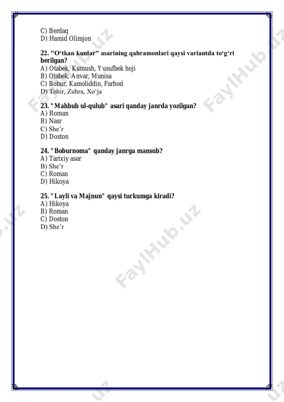 ash gap b) shart ergash gap c) sabab ergash gap d) maqsad ergash gap 14. qaysi gapda bog‘lama bog‘lovchisi bor a) u kitob o‘qidi va daftariga yozdi b) kecha yomg‘ir yog‘di, shuning uchun uyda qoldim c) men sport bilan shug‘ullandim d) kitobni o‘qib bo‘ldim, keyin dam oldim 15. "ona tili – millatning ko‘zgusi" gapida qanday gap turi mavjud a) sodda gap b) teng bog‘langan qo‘shma gap c) egasi tushirilgan gap d) ergash gapli qo‘shma gap 16. "uning qiziqishlari juda keng" gapida qanday bo‘lak mavjud emas a) kesim b) to‘ldiruvchi c) aniqlovchi d) hol 17. qaysi gapda sabab bog‘lovchisi mavjud emas a) yomg‘ir yog‘di, shuning uchun uyda qoldik b) men yaxshi o‘qiganim uchun mukofot oldim c) havo juda issiq, shuning uchun sayrga chiqmadi d) o‘quvchilar ertalab maktabga kelishdi 18. "agar ishonch bo‘lsa, hamma narsa oson bo‘ladi" gapida qanday ergash gap bor a) shart ergash gap b) maqsad ergash gap c) sabab …