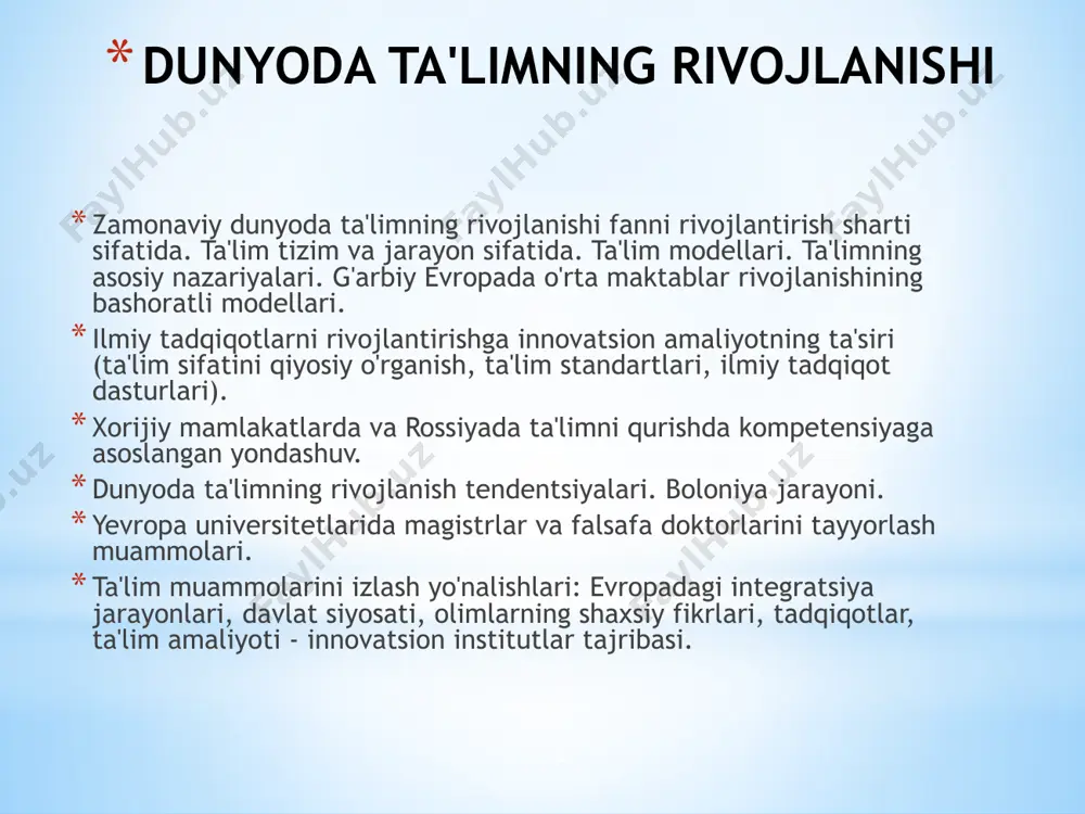 n maktablarda intensiv o'qitish uchun qo'shimcha mablag'lar (60% dan ortiq) ota-onalar ishtiroki (yaponiya). dunyoning rivojlangan davlatlarida ta’lim sohasidagi davlat siyosati ana shu nazariyaga asoslanadi. 4 ta'limning jamiyat taraqqiyoti darajasiga muvofiqligi nazariyasi asosiy fikrlar: ta’lim jamiyat ko‘zgusidir. ta'limning asosiy vazifasi mavjud jamiyatni takror ishlab chiqarishdir. maktab bitiruvchilari tayyorgarligi darajasining doimiy ravishda pasayishi bilan ifodalangan ta'limning global inqirozi jamiyatdagi inqirozning natijasidir. biz avvalo jamiyatni, uning iqtisodiy asosini, keyin esa ta’limni o‘zgartirishimiz kerak. dunyoning rivojlanayotgan mamlakatlarida ta'lim sohasidagi davlat siyosati ana shu nazariyaga asoslanadi . 5 ta'limni insonparvarlashtirish nazariyasi yigirmanchi asrning 90-yillari. asosiy fikrlar: ta'lim shaxsiy rivojlanish vositasidir. ta'lim nafaqat ijtimoiy, balki shaxsiy qadriyat sifatida ham ko'rib chiqiladi. amalga oshirish vositalari: treningni individuallashtirish bepul ta'lim "yangi maktab" g'oyalarini qayta tiklash shaxsiy ta'lim marshrutlarini va o'quv traektoriyalarini qurish dunyoning hech bir davlatida bu nazariya ta’lim sohasidagi davlat siyosatining asosiga aylangani yo‘q. bu dunyoda ta'lim tizimi sifatida rivojlanishining umumiy tendentsiyasidir. 6 g'arbiy evropada maktab rivojlanishining …