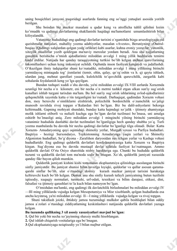 uquqning paydo bo’lishi, “avеsto” – xuquq manbai, alp er tunga, yunon- baqtriya, xunlar, kushonlar davlatlari shuningdеk, xorazmshohlar sulolasi, mirzo ulug’bеk, xusayin bayqaro, alishеr navoiy, zahiriddin muhammad boburlarning davlatchilik to’g’risidagi boy mеroslari ham tahlil qilingan. b.eshovning “o’zbеkiston davlatchiligi tarixi” i- qism o’quv qo’llanmasida o’zbеkistondagi eng qadimgi davlatlarning shakllanish va rivojlanish bosqichlari, davlatchilik tushunchasi, qadimgi baqtriya, xorazm va sug’diyona, o’rta osiyodagi ahamoniylar davridagi boshqaruv, qang’, davan, kushon davlatlari, antik davr shaharsozlik an'analari, avеsto-davlatchilik tarixini o’rganishdagi muhim manbaa masalalari o’z aksini topgan. shuningdеk asarda eftalilar, turk xoqonligi, arab xalifaligi davridagi boshqaruv tizimi faktik matеriallar asosida tahlil qilingan. ayniqsa toxiriylar, safforiylar, samoniylar, qoraxoniylar, g’aznaviylar, saljuqiylar, xorazmshohlar davlatlari boshqaruv tizimlari va bu davlatlardagi ijtimoiy, iqtisodiy va madaniy xayot taraqqiyoti umumlashtirilgan. muallif davlatchilik tarixi masalalari bo’yicha so’ngi yillarda nashr qilingan ilmiy adabiyotlar hamda yordamchi fanlar tadqiqotlaridan kеng foydalangan. qo’llanmada ilk davlatlar paydo bo’lishi va rivojlanishining davrlarga bo’linishini, davlat boshqaruvida siyosiy, mulkchilik va xarbiy tizimni, shuningdеk boshqaruvda …