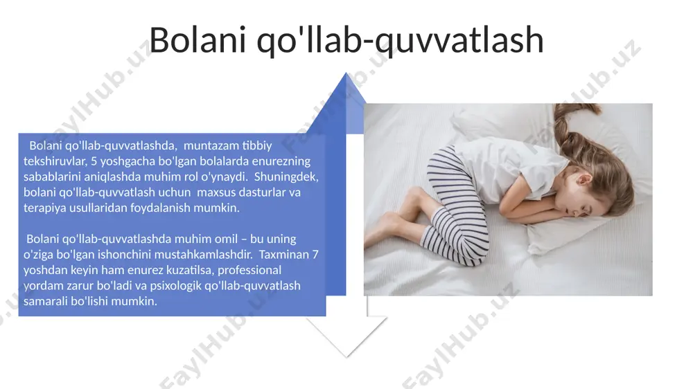 boshqarish ko'nikmalarini rivojlantirishga yordam beradi, muvaffaqiyat darajasi 85% gacha etadi. sog'lom turmush tarzi tungi enurezning oldini olishda muhim rol o'ynaydi muntazam jismoniy mashqlar. haftada kamida 3 marta, har safar 30-45 daqiqa davomida jismoniy faoliyat bolaning umumiy sog'lig'ini yaxshilaydi va siydik chiqarish tizimini mustahkamlaydi. bolalarda siydik chiqarishni nazorat qilish qobiliyatini rivojlantirishga yordam beradigan samarali usullardan biri, kun davomida kamida 8 stakan (taxminan 2 litr) suv ichishni ta'minlashdir, bu esa siydik pufagi mushaklarining normal faoliyatini ta'minlaydi. dori-darmonlar taxminan 5-10 yoshgacha boʻlgan bolalarning 15%ida enurez (tuxum hujayrasi) kuzatiladi, bu esa yoshga bogʻliq boʻlgan rivojlanishning kechikishini koʻrsatishi mumkin. bolalarda siydikni toʻliq ushlab turolmaslikni diagnostikasi uchun fizik tekshiruv, siydik tahlili va ba'zan neyrologik tekshiruv kabi 3 ta asosiy usul qoʻllaniladi. ota-onalar uchun maslahatlar uyqudan oldin bolani hojatxonaga olib borish, shuningdek, 2-3 soatdan keyin yana bir marta tekshirib turish samarali bo'lishi mumkin. bu tunda siyish ehtiyojini kamaytirishga yordam beradi. bolaning yoshini va rivojlanish bosqichini hisobga olgan …