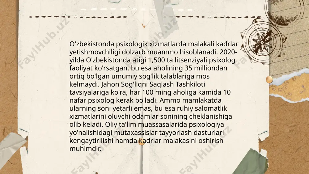 ing ish faoliyatini tashkil qilish bo‘yicha me’yorlarni belgilaydi. shuningdek, o'zbekiston respublikasi vazirlar mahkamasi qarorlari va tegishli vazirliklar va idoralar buyruqlari psixologik xizmatlarni boshqarish va muvofiqlashtirish masalalarini yanada batafsil tartibga soladi. psixologik xizmatning samaradorligini ta'minlash muammolari sabirkulov shahzod e'tiboringiz uchun raxmat! image1.png image2.png image3.png image4.jpg image5.png image6.png image7.jpg /docprops/thumbnail.jpeg