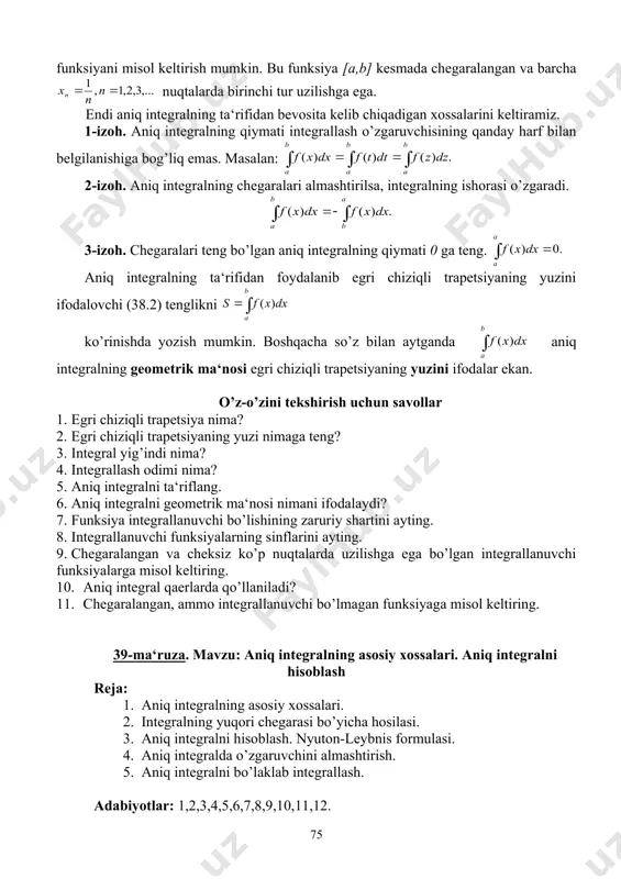 mada integrallashuvchi, ya‘ni aniq integral mavjud bo’lsin. u holda (40.5) chekli limit mavjud bo’lsa, uni ikkinchi tur yoki uzlikli funksiyaning xos integral deb ataladi va (40.6) ko’rinishda belgilanadi. bu holda (40.6) integral mavjud yoki yaqinlashadi deb aytiladi. (40.5) limit mavjud bo’lmasa, u holda (40.6) integral mavjud emas yoki uzoqlashadi deb aytiladi. shuningdek x=a nuqta f(x) funksiyaning maxsus nuqtasi (а nuqtaning yaqin atrofida f(x) chegaralanmagan va istalgan [a+ε,b] (ε>0,a+ε 0 - biror son. yechish. integral ostidagi funksiya uchun x=a maxsus nuqta bo’ladi. a) α ≠1 bo’lsin, u holda b) α=1 bo’lsin, u holda shunday qilib berilgan integral 0 1 (4-misol). demak 40.1´ teoremaning b) bandiga ko’ra berilgan integral ham uzoqlashadi. 13-misol. xosmas integral tekshirilsin. yechish. integral ostidagi funksiya x=0 maxsus nuqtaga ega. cosx funksiya [0,π] kesmada ishorasini saqlamaydi, ya’ni u [0, ] da musbat, [ ,π] da manfiy. shuning uchun . integralni qaraymiz. barcha x lar uchun │cosx│≤1 ekanini hisobga olsak …