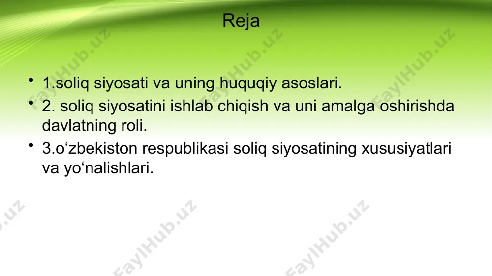 halik chuqur ilmiy asosga ega bo‘lsa, soliq siyosatining barqarorligi shunchalik mustahkam ta'minlanadi. o‘z navbatida soliq konsepsiyasi esa soliqlar sohasidagi chuqur ilmiy tadqiqot ishlari hamda soliq amaliyotida orttirilgan boy tajribalarni o‘zaro uyg‘unligiga asoslangan g‘oyalarning samaradorligiga bog‘liq bo‘ladi. 2. soliq siyosatini ishlab chiqish va uni amalga oshirishda davlatning roli. yuqorida qayd qilinganidek, soliq siyosati davlat, ya'ni uning vakolatli organlari tomonidan olib boriladi. agar ushbu vakolatli organlar hokimiyat turi nuqtai-nazaridan olib qaraladigan bo‘lsa, qonun chiqaruvchi, ijro etuvchi va sud hokimiyatlariga bo‘linadi. ayrim hollarda davlatning soliq siyosati davlat soliq qo‘mitasi tomonidan olib boriladi, degan fikrlar uchraydi. amalda esa soliq siyosati davlat hokimiyatining barcha bo‘g‘inlari: qonun chiqaruvchi, ijro etuvchi va sud hokimiyatlari faoliyatlarining ajralmas qismi sifatida kompleks tarzda amalga oshiriladi. qonun chiqaruvchi organ (oliy majlis) konstitutsiyaning 78-moddasi 8-bandi va «o‘zbekiston respublikasining oliy majlisi to‘g‘risida» gi qonunning 4-moddasiga muvofiq hukumatning taqdimiga muvofiq soliqlar va boshqa majburiy to‘lovlarni belgilaydi. davlat soliq qo‘mitasining vakolatiga kiruvchi masalalar bo‘yicha qonunchilikni …