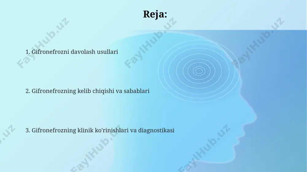 nd viloyatida o‘tkazilgan tadqiqotlar shuni ko‘rsatdi. gifronefrozning dastlabki bosqichlarida 10-15% bemorlarda teri toshmalari paydo bo‘lishi mumkin, bu esa andijon viloyati epidemiologik ma’lumotlarida qayd etilgan. gifronefrozning alomatlari orasida 37 darajadan yuqori harorat, 5 kundan ortiq davom etadigan kuchli bosh og‘rig‘i va toshkent shahridagi shifoxonalarda tez-tez uchraydigan qusish hollari kuzatiladi. gifronefrozning ta'rifi gifronefroz jarayoni tuproqning fizikaviy xossalariga, ya'ni 30% dan ortiq namlik miqdoriga va -5°c dan past haroratga bog'liq holda rivojlanadi va 500 mm chuqurlikkacha ta'sir ko'rsatishi mumkin. gifronefrozning asosiy xususiyati 20 dan ortiq hududlarda, jumladan, samarqand va buxoro viloyatlarida 1980-yillardan beri kuzatilayotgan tuproqning muzlashi bilan bog'liq jarayondir. o'zbekistonning tog'li hududlarida, 2500 metr balandlikda, gifronefroz jarayoni tufayli 10-15% yer maydonlarida suvning to'planishi va erosyon xavfi kuzatiladi. gifronefrozning oldini olish gifronefrozning oldini olish uchun 20-30 yosh oraligʻidagi ayollarga toshkentdagi ginekologlar tomonidan muntazam tekshiruvdan oʻtish tavsiya etiladi, bu esa kasallikning erta bosqichida aniqlanishiga yordam beradi. surunkali infektsiyalar, masalan, siydik yoʻllari infektsiyalari (20% hollarda), gifronefrozga …