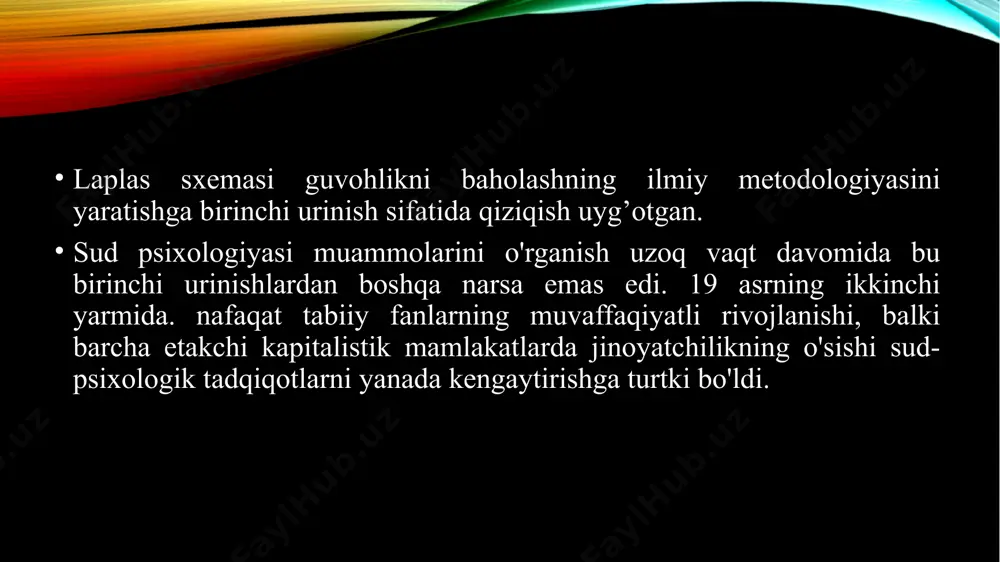 larga rioya qilgan aqsh ijtimoiy psixologlari voyaga etmaganlarda huquqbuzar subkulturani shakllantirish usullarini tushuntirishga bir qator o'ziga xos urinishlarni amalga oshirdilar. sovet davri boshida ichki huquqiy psixologiyaning rivojlanishi odil sudlovni amalga oshirishda, jinoyatchi shaxsining qonuniyligi va hokazolarda katta qiziqish uyg'otdi. ushbu muammolarni hal qilishda huquqiy psixologiya faol ishtirok etdi. 1925 yilda mamlakatimizda dunyoda birinchi marta jinoyat va jinoyatchilikni o'rganish bo'yicha davlat instituti tashkil etildi. dastlabki besh yil davomida ushbu institut yuridik psixologiya bo'yicha ko'plab ishlarni nashr etdi. 1927 yilda moskva viloyat prokuraturasida tashkil etilgan eksperimental psixologiya laboratoriyasida psixolog a. r. luriya tomonidan qiziqarli tadqiqotlar o'tkazildi. u jinoyatlarni tergov qilish uchun eksperimental psixologiya usullarini qo'llash imkoniyatlarini o'rganib chiqdi va keyinchalik "yolg'onni fosh qiluvchi" (lai-detektor) nomini olgan qurilmaning ishlash tamoyillarini shakllantirdi. v. m. bekhterev va a. f. koni kabi taniqli mutaxassislar o'sha davrning huquqiy psixologiyasini rivojlantirishga katta hissa qo'shdilar. a. s. tagerning tadqiqotlariga alohida e'tibor qaratish lozim, bu umuman sud psixologiyasi va ayniqsa, …