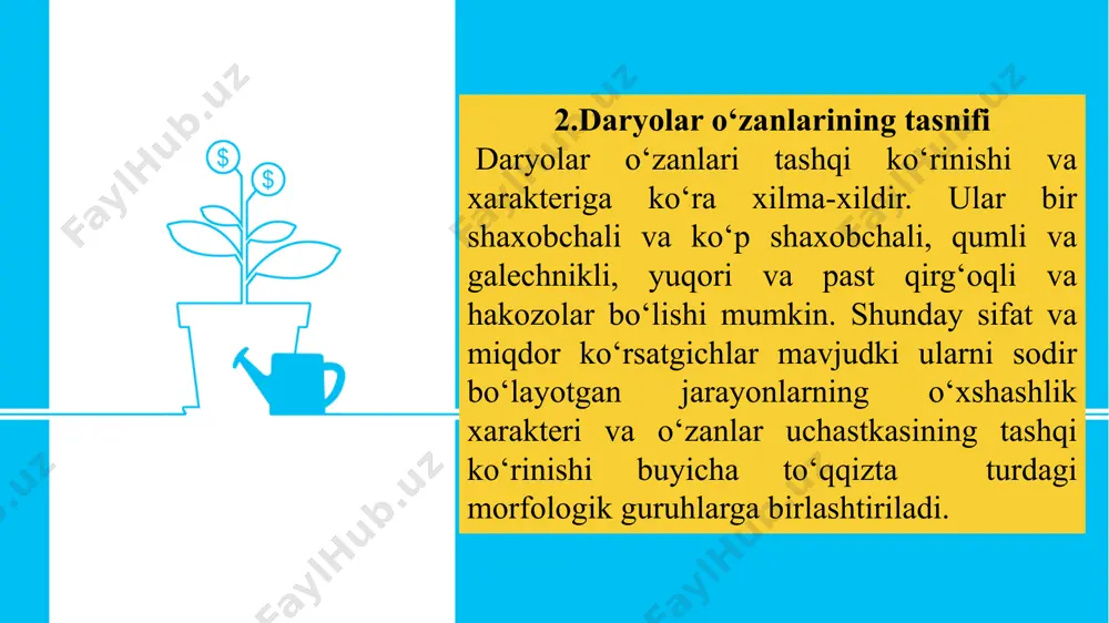 kazishda katta bosim yo‘qolishiga yo‘l qo‘ymaslik; 4) suv olish inshooti va uning alohida qismlarini tozalash, yuvish, ta’mirlash vaqtida va avariya holatida ishlashini va to‘xtatib qo‘yishni ta’minlash; 5) baliq himoyalovchi va baliq yo‘naltiruvchi qurilmalar yordamida baliqlarni qo‘riqlashni ta’minlash. 9 5.irrigatsiyaga suv olishning o‘ziga xos xususiyatlari. daryodan irrigatsiya maqsadlarida suv olishda, ko‘p hollarda muallaq va tub cho‘kindilar kanalga o‘tadi. suv olish tugunlarining vazifasi shundan iborat bo‘ladiki, tub cho‘kindilarni kanalga o‘tmasligini ta’minlash va ularni gidrouzel pastki b’efiga tashlab yuborishdir. kanalga o‘tgan muallaq zarralar esa uning bosh qismida o‘rnatilgan tindirgichlarda cho‘ktiriladi. irrigatsiya maqsadlari uchun foydalaniladigan daryolar, masalan, o‘rta osiyoda muzliklar erishidan to‘yinadi. bu holda suv iste’moli grafigini daryoning gidrografigi joylashtirilganda unga mos tushadi va oqimni mavsumiy boshqarish uchun suv ombori qurish zarurati tug‘ilmaydi. shu sababli irrigatsiya gidrouzellarining vazifasi kanalga suvni o‘tkazish uchun zarur bo‘ladigan dimlangan sathni ta’minlashdir. 6.daryodan to‘g‘onli suv olish gidrouzellari daryodagi tabiiy suv sathlari iste’molchilarga o‘zi oqar suv sarfini uzatish uchun yetarli …