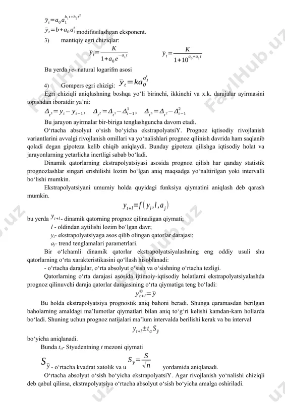 yonda ayrim hollarda uchraydigan mavsumiy tarkibiy qismlar; 3) davriy tarkibiy qismlar; 4) tasodifiy omillar sababi yuzaga keladigan tasodifiy tarkibiy qism. rivojlanish yо‘nalishi (tendensiyasi) rivojlanishining uzoq muddatli evolyusiyani bildiradi. dinamik qatorlarning rivojlanish yо‘nalishi silliq egri chiziq bо‘lib, trend deb ataluvchi vaqt funksiyasi bilan ifodalanadi. trend – tasodifiy ta’sirlardan holi holda vaqt bо‘yicha harakat qonuniyatidir. trend vaqt bо‘yicha regressiya bо‘lib, doimiy omillar ta’sirida yuzaga keladigan rivojlanishning determinik tarkibiy qismidir. trendlardagi chetlanishlar tasodifiy omillar sababli yuzaga keladi. yuqoridagilarga asoslanib vaqt qatori funksiyasini quyidagicha beramiz: – jarayonlarning vaqt bо‘yicha yо‘nalishining doimiy tarkibiy qismi; t– tasodifiy tarkibiy qismi; vaqtli qatorlar rivojlanishida uchta yо‘nalish: о‘rta darajalar yо‘nalishi; dispersiya yо‘nalishi; avtokorrelyatsiya yо‘nalishi mavjuddir. о‘rta daraja yо‘nalishi kо‘rinishda funksiya bо‘ladi. dispersiya yо‘nalishi - vaqtli qatorlarning empirik qiymatlarining trend tenglamalari yordamida aniqlangan qiymatlaridan chetlanish. avtokorrelyatsiya yо‘nalishi - vaqtli qatorlarning darajalari о‘rtasidagi bog‘liqliklarning о‘zgarishi. iqtisodiy-ijtimoiy jarayonlarni modellashning keng tarqalgan usuli vaqtli qatorlarni tekislash usulidir. tekislashgan har xil usullar mavjud bо‘lib, …