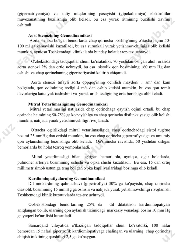 kaliemiya) elektrolitlar muvozanatining buzilishiga olib keladi, bu esa yurak ritmining buzilishi xavfini oshiradi. aort stenozining gemodinamikasi aorta stenozi bo'lgan bemorlarda chap qorincha bo'shlig'ining o'rtacha hajmi 50-100 ml ga kamayishi kuzatiladi, bu esa surunkali yurak yetishmovchiligiga olib kelishi mumkin, ayniqsa toshkentdagi klinikalarda bunday holatlar tez-tez uchraydi. o'zbekistondagi tadqiqotlar shuni ko'rsatadiki, 70 yoshdan oshgan aholi orasida aorta stenozi 2% dan ortiq uchraydi, bu esa sistolik qon bosimining 160 mm hg dan oshishi va chap qorinchaning gipertrofiyasini keltirib chiqaradi. aorta stenozi tufayli aorta qopqog'ining ochilish maydoni 1 sm² dan kam bo'lganda, qon oqimining tezligi 4 m/s dan oshib ketishi mumkin, bu esa qon tomir devorlariga katta yuk tushishini va yurak urish tezligining orta borishiga olib keladi. mitral yetarlimasligining gemodinamikasi mitral yetarlimasligi natijasida chap qorinchaga qaytish oqimi ortadi, bu chap qorincha hajmining 50-75% ga ko'payishiga va chap qorincha disfunksiyasiga olib kelishi mumkin, natijada yurak yetishmovchiligi rivojlanadi. o'rtacha og'irlikdagi mitral yetarlimasligida chap qorinchadagi sistol tug'ruq …