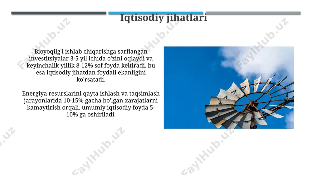 att-soatgacha elektr energiyasi ishlab chiqarishi mumkin, bu esa millionlab uy xo‘jaliklarini ta’minlashga yetadi va shu bilan birga suv resurslarini boshqarishda muhim rol o‘ynaydi. qayta tiklanadigan energiya manbalari, masalan, quyosh va shamol energiyasi, 2050-yilga kelib global energiya iste’molining 80% gacha qismini ta’minlashi kutilmoqda, bu esa karbon emissiyasini sezilarli darajada kamaytiradi. qishloq xo'jaligidagi energiya sarfi qishloq xo'jaligida energiya sarfining 30% dan ortig'i sug'orish tizimlariga, 20% dan ko'prog'i esa mineral o'g'itlar ishlab chiqarish va tashishga sarflanadi. don mahsulotlari yetishtirishda gektariga 1500-2000 kvt/soat energiya sarfi odatiy holat bo'lib, bu traktorlar, kombaynlar va boshqa texnikalarning ishlashi bilan bog'liq. sanoatdagi energiya sarfi sanoat korxonalarida energiya sarfini 30% ga kamaytirish, yillik 10 million dollar tejashga olib keladi, bu esa iqtisodiy samaradorlikni oshirishga hissa qo'shadi. sanoatda energiya sarfini optimallashtirish dasturlarini joriy etish, o'rtacha 5-7% gacha energiya iste'molini qisqartirish va chiqindilarni kamaytirish imkonini beradi. xalqaro hamkorlik xalqaro hamkorlik, energiya samaradorligini oshirish uchun 10 dan ortiq mamlakatlar o'rtasida texnologiya va …