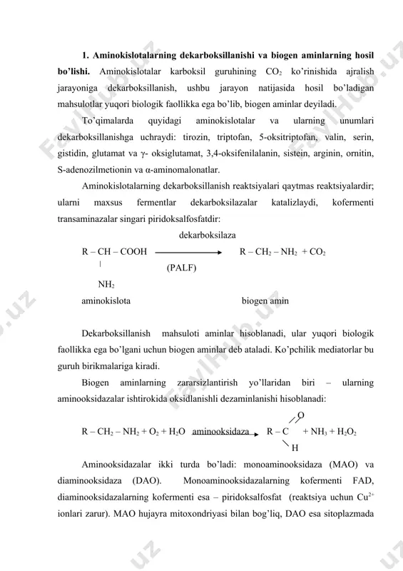 ionlari zarur). mao hujayra mitoxondriyasi bilan bog’liq, dao esa sitoplazmada joylashgan. bu fermentlar kam miqdorda qonda ham bo’ladi. mao birlamchi, ikkilamchi va uchlamchi aminlarni; dao esa gistamin, putrestsin, kadaverin va kam darajada alifatik aminlarni faolsizlantiradi. biogen aminlarning dezaminlanish mahsulotlari – aldegidlar aldegiddegidrogenazalar yordamida organik kislotalargacha oksidlanadi: o r – c + had∙h + h+ + h2o r – cooh + nad+ h 2. almashinadigan aminokislotalar biosintezi. sut emizuvchi hayvon va inson to’qimalarida faqat almashinadigan aminokislotalar sintezlanishi mumkin, almashinmaydiganlari esa ovqat bilan birga kiradi. almashinadigan aminokislotalar biosintezi uglevodlar parchalanishining oraliq mahsulotlari, krebs sikli metabolitlari va almashinmaydigan moddalar asosida amalga oshadi. 1. almashinadigan aminokislotalarning uglevodlar parchalanishi mahsulotlaridan hosil bo’lishi. bunda piruvat, 3-fosfoglitserat va ribozo-5-fosfat aminokislotalar sintezi uchun manba hisoblanadi. piruvat va 3-fosfoglitserat – glikolizning metabolitlari, ribozo-5-fosfat – pentozofosfatli siklning metaboliti. piruvatdan alanin ikki xil usulda hosil bo’ladi: 1) alaninaminotransferaza ishtirokida transaminlanish: alt piruvat + glutamat alanin + 2-oksoglutarat 2) alanindegidrogenaza (aldg) ishtirokida …