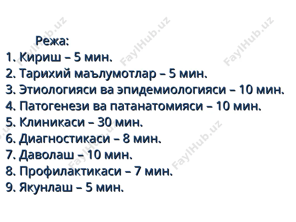 an to 5-6 kungacha yukumli xisoblanadi, asoratlar bulganda 2-3 xaftagacha chuziladi. epidemiyalar xar 2-3 yilda kaytariladi va tez tarkalishga ega. 1-1,5 davomida axolining 20-50 % kasallanadi. gripp v epidemiyasi sekin rivojlanib, 2-3 oy davom etadi, 25 %ga yakin axoli kasallanadi va xar 2 yilda kaytariladi. gripp s virusi epidemiya chakirmaydi. epidemiologiya 2006-2007 yil epidemik sezoniga bir vakt ichida gripp virusini xar xil serotiplari aylanishi kuzatilmokda: a (h3n2), a (h1n1) i v (voz) epidemiologiyasi patogenezi patogenezning 5 ta asosiy fazalari mavjud: nafas yullari tukimalarida virusning reproduktsiyasi virusemiya, toksinemiya va toksik - allergik reaktsiyalar lokalizatsiyasiga kura nafas yullarining zararlanishi bakterial asoratlarning bulishi patologik jarayonning orkaga kaytishi gripp klinik tasnifi klinik shakli variantlari kechim ogirligi 1.tipik a)kataral b)subtoksik v)toksik g)toksik-kataral a)krup sindromli b)obstruktiv sindromli v)upkaning birlamchi zararlinishi g)tserebral sindromli d)abdominal sindromli e)gemorragik sindromli yongil kechishi urtacha ogirlikda kechish ogir kechishi 2. atipik shakllari a) bilinar-bilinmas belgili b) yashin tezligidagi g) akataral d) afebril …