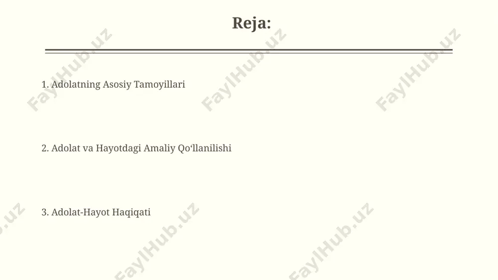 ko'prog'i o'z vaqtida hal etiladi. o'zbekiston respublikasining konstitutsiyasi 26-moddasida adolatli sudlovni ta'minlash, 5 yildan ortiq muddatga qamoq jazosini olish mumkin bo'lgan jinoyatlarda sud majlislarining ochiq o'tkazilishi kabi tamoyillar belgilab berilgan. hayotda haqiqatga sodiqlik 1991-yildan keyin o‘zbekistonda sud islohotlari, huquqiy davlat tamoyillarini mustahkamlashga qaratilgan 30 dan ortiq qonun hujjatlari qabul qilinib, adolatli sud jarayonini ta'minlashga xizmat qildi. hayotda haqiqatga sodiqlik, 2022-yilgi o‘zbekiston respublikasi konstitutsiyasining 26-moddasida aks ettirilgan inson huquqlari va erkinliklarini himoya qilish tamoyillariga mos keladi. adolatli jamiyat qurish samarqand viloyatida amalga oshirilgan "adolatli jamiyat" dasturi doirasida 300 ga yaqin korrupsiya holati aniqlanib, 150 dan ortiq shaxs javobgarlikka tortilgan. toshkent shahrida 2022-yilda 10 mingdan ziyod fuqaro huquqiy maslahatlar olib, 80% dan ortig'i muammolarini ijobiy hal qilgan. haqiqatni anglash yo'llari haqiqatni anglash uchun 20-asr tarixini, ayniqsa, ikkinchi jahon urushi davridagi voqealarni tahlil qilish muhim. bu, 1945 yildan keyingi dunyo siyosatiga ta'sirini tushunishga va voqelikka nisbatan adolatli nuqtai nazarni shakllantirishga yordam beradi. haqiqatni …