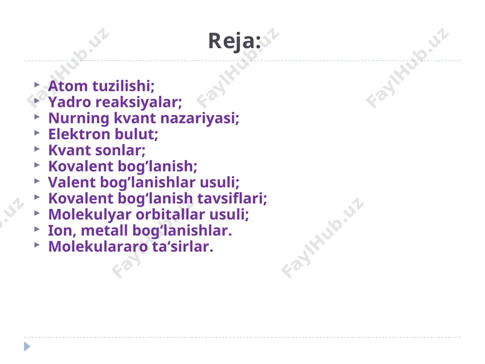 rgiyasi atomning oxirgi holatdan boshlang’ich holatga o’tgandagi energiyalari farqidan topiladi. h=e2 – e1 e2 va e1 atomdagi turli energetik holatlardagi energiyalar farqi. 7. elektron bulut kvant mexanikasida elektronning atomdagi holati elektron bulut . to’lqin funksiyasini qiymati =f(x,y,z) x,y,z koordinata nuqtalari. to’lqin funksiyasini kvadrati ( 2 ) atomlararo fazoda elektronning bo’lish ehtimolligini ko’rsatadi. yadroda 90% elektronning bo’lish ehtimoli bo’lgan fazo orbital . 1926 y. ervin shredinger to‘lqin funksiyaning potensial va umumiy energiya bilan bog‘ladi (е) . s-orbitallarnig fazoviy holati p-orbotallarning fazoviy holat, tugun yadrodan o’tgan. d-orbatallarning fazoviy holati d- va f- orbatallarning fazoviy holati 9. kvant sonlar orbitallarni kvant sonlar bilan tavsiflash mumkin: n –bosh kvant son; l-orbital kvan son; ml –magnit kvan son; ms- spin kvant son. atomlarning elektron tuzilishi volfgang pauli(1925 y.) atomda 4 la kvant soni bir xil bo’lgan ikkita elektron bo’lishi mumkin emas. xun qoidasi: ayni qavatdagi elektronlarning spin kvant soni yig’indisi maksimal bo’lishi kerak. klechkovskiy 1 …
