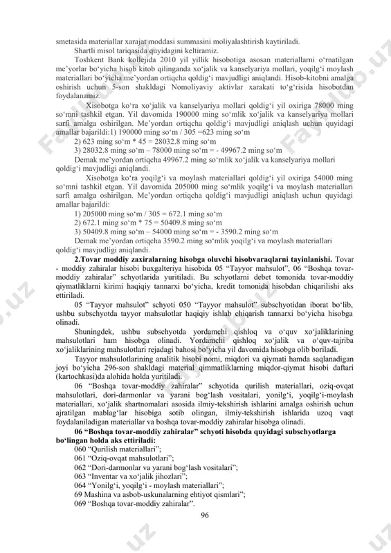 n me’yorlari 1 oziq-ovqat maxsulotlari (mavsumiy tayyorlashdan tashqari) 15 kun 2 mavsumda tayyorlanadigan oziq-ovqat maxsulotlari 150 kun 3 dori-darmonlar, reaktivlar, bog‘lash materiallari va dorixona 60 kun anjomlari 4 barcha budjet tashkilotlari uchun yoqilg‘i (bolalar va davolash 75 kun tashkilotlaridan tashqari) 5 bolalar va davolash tashkilotlari uchun yoqilg‘i 90 kun 6 xo‘jalik va kontselyariya materiallari 45 kun 7 o‘quv ilmiy va boshqa maxsus maqsadlar uchun materiallar 120 kun 8 ozuqa va em xashak 120 kun 9 qurilish ta’mirlash materiallari 45 kun “boshqa tovar-moddiy zahiralar” schyotida qurilish materiallari, oziq-ovqat mahsulotlari, dori-darmonlar va yarani bog‘lash vositalari, yonilg‘i, yoqilg‘i-moylash materiallari, xo‘jalik shartnomalari asosida ilmiy-tekshirish ishlarini amalga oshirish uchun ajratilgan mablag‘lar hisobiga sotib olingan, ilmiy-tekshirish ishlarida uzoq vaqt foydalaniladigan materiallar va boshqa tovar-moddiy zahiralar hisobga olinadi. materiallar bo‘yicha yil oxiridagi qoldiqni me’yorlarini aniqlash uchun “nomoliyaviy aktivlar xarakati to‘g‘risida” hisobotning 060-069 subschyotlar bo‘yicha yil davomida tashkilot extiyojlari uchun sarflangan materiallar qiymati olinib yoqilg‘i va moylash materiallari …