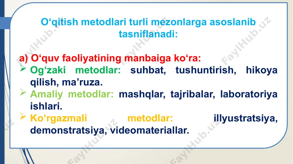 v: har bir o‘quvchining psixologik va shaxsiy xususiyatlarini inobatga olish. motivatsiya: o‘quvchilarning bilim olishga bo‘lgan ichki va tashqi motivlarini rag‘batlantirish. faollik va ishtirok: o‘quvchilarning faol fikrlashi va o‘qitish jarayoniga ongli ravishda jalb qilinishi. bilish jarayonlarining rivoji: e’tibor, xotira, tasavvur, tahlil va sintez kabi psixik jarayonlarni rivojlantirish. psixologiyada qo‘llaniladigan asosiy metodlar: a) interfaol metodlar: faol o‘rganishni ta'minlash uchun muloqot va hamkorlikka asoslangan metodlar. masalan: psixodrama yoki “aqliy hujum” usulidan foydalanish. b) eksperimental metodlar: o‘quvchilarga psixologik eksperimentlar o‘tkazish orqali mavzularni o‘rgatish. masalan: stressni boshqarish bo‘yicha tajribalarni tahlil qilish. c) ko‘rgazmali va audiovizual metodlar: videolar, grafiklar va ko‘rgazmali vositalardan foydalanib, murakkab psixologik jarayonlarni tushuntirish. masalan: emotsiyalarni boshqarish uchun psixologik treninglar namoyishi. psixologik o‘qitish metodlarining afzalliklari: shaxsiy rivojlanishiga e’tibor: har bir o‘quvchining psixologik ehtiyojlari va imkoniyatlariga moslashish. motivatsiyani oshirish: faol ishtirokni rag‘batlantirish orqali bilim olishga qiziqish uyg‘otadi. ko‘nikmalarni rivojlantirish: nazariy bilimlarni amaliy mashqlar orqali mustahkamlash. ijodkorlikni qo‘llab-quvvatlash: o‘quvchilarni mustaqil fikrlash va innovatsion yondashuvlarga undaydi. …