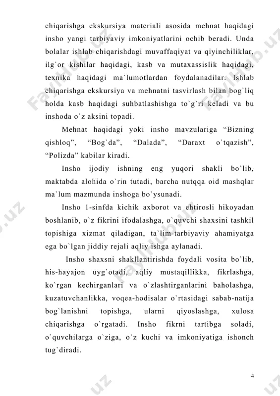 yuritish bilan insho ustida ishlash ham boshlanadi. mavzularning bir-biridan farqini his etish, ularni qiyoslashga yordam beradi. boshlang`ich sinflarda qiyoslash sodda mavzularni tanlashdan boshlanadi. o`quvchilar mavzuni yoritishga 1-sinfdan boshlab o`rganadilar. ular mavzuga oid gap tuzadilar. masalan, bahor havosi haqida, ona qishlog`i haqida, qo`rqoq quyon, ayyor tulki haqida gap tuzadilar. maktabda o`tkaziladigan insholarda ko`zga tashlanadigan nuqsonlardan biri mavzudan chetga chiqish, ya`ni uning haddan ziyod qisqa, yoki aksincha, ortiq darajada keng hajmda bo`lishidir. aslida insho uchun aniq chegaralangan mavzular tanlanishi o`rinlidir. masalan, “mening gulzorim”, “yozgi ta`tilning bir kunida”, “birinchi qo`ng`iroq”, “matematika darsida”, “sevimli o`qituvchim” va boshqalar. og`zaki va yozma insho ustida ishlashda mavzu berib, uni yoritishni talab qilishdan tashqari, avval material tanlash, keyin shu yig`ilgan materiallar asosida mavzuni shakllantirishni tavsiya qilish ham mumkin. mavzu zaminida inshoning asosiy mazmuni yotadi. o`quvchilar u haqida aniq tasavvurga ega bo`lsalargina, inshoni talabga javob beradigan darajada yozishlari mumkin. bunda mavzuning juda aniq bo`lishi muhim rol o`ynaydi. puxta o`ylab …