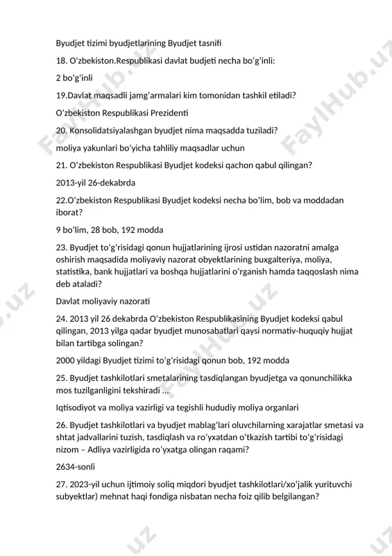 lari bo’yicha tahliliy maqsadlar uchun 21. o‘zbekiston respublikasi byudjet kodeksi qachon qabul qilingan? 2013-yil 26-dekabrda 22.o‘zbekiston respublikasi byudjet kodeksi necha bo‘lim, bob va moddadan iborat? 9 bo‘lim, 28 bob, 192 modda 23. byudjet to‘g‘risidagi qonun hujjatlarining ijrosi ustidan nazoratni amalga oshirish maqsadida moliyaviy nazorat obyektlarining buxgalteriya, moliya, statistika, bank hujjatlari va boshqa hujjatlarini o‘rganish hamda taqqoslash nima deb ataladi? davlat moliyaviy nazorati 24. 2013 yil 26 dekabrda o’zbekiston respublikasining byudjet kodeksi qabul qilingan, 2013 yilga qadar byudjet munosabatlari qaysi normativ-huquqiy hujjat bilan tartibga solingan? 2000 yildagi byudjet tizimi to’g’risidagi qonun bob, 192 modda 25. byudjet tashkilotlari smetalarining tasdiqlangan byudjetga va qonunchilikka mos tuzilganligini tekshiradi ... iqtisodiyot va moliya vazirligi va tegishli hududiy moliya organlari 26. byudjet tashkilotlari va byudjet mablag‘lari oluvchilarning xarajatlar smetasi va shtat jadvallarini tuzish, tasdiqlash va ro‘yxatdan o‘tkazish tartibi to‘g‘risidagi nizom – adliya vazirligida ro‘yxatga olingan raqami? 2634-sonli 27. 2023-yil uchun ijtimoiy soliq miqdori byudjet tashkilotlari/xo‘jalik yurituvchi …
