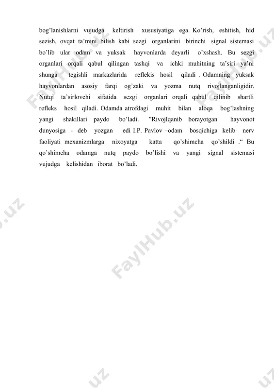 gan. bu vazifani orqa va bosh miyaning quyi qismi uzunchoq, o’rta, oraliq miya, michada joylashgan nerv markazlari boshqaradi. nerv siostemasining 2-vazifasi: odamning tashqi muhit va atrofdagi boshqa odamlar bilan bog’lanishi, muomolasini tashqi muhit sharoitiga moslashuvini ta’minlaydi. tashqi muhit tasirida atrofdagi boshqa odamlar bilan munisabati natijasida odamda paydo bo’lgan fikirlash, bayon etish, bilim olish, hunar o’rganish, xotira kabi yuksak insoniy xususiyatlar kiradi. pavlov nerv sistemasining bu vazifasini oliy nerv faoliyati deb atagan. nerv sistemasining bu vazifasini uning yuqori qismida joylashgan bosh miya yarim shari va uning po’stloq qismi newrv markazi boshqaradi. nerv tizimi 2 qismdan iborat. 1. markaziy . 2. periferik. markaziy nerv tizimiga: a) bosh miya. b) orqa miya kiradi. markaziy nerv tizimida nerv hujayralari( neyron tomirlari) markazlari bor. periferik nerv tizimida orqa miyadan chiqadigan 31 juft sezuvchi, harakatlanuvchi nerv tolalari, bosh miyadan chiqadigan 12 juft nervlar hamda umurtqa pog’onasi atrofida va ichki organlarda joylashgan nerv tugunchalari kiradi. nerv sistemasining …