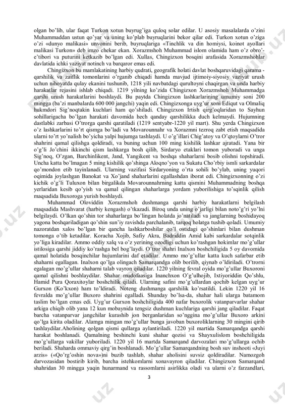 i ulug‘ xon hokimiyatini yanada mustahkamlash, ya’ni feodal tabaqa-tarxonlar mavqeini kuchaytirish, davlatning harbiy qudratini yuksaltirishning muhim qonuniy asoslarini yaratib berdi. chingizxon ulug‘ xoqon deb e’lon qilingan birinchi kunning o‘zidayoq o‘zining eng yaqin kishilaridan 95 nafarini bahodur- mingboshilar etib tayinladi vabir necha ming kishi tarxonlik yorliqlari bilan siylandi. u ayni paytda 10 ta oliy hokimiyat lavozimlarini ta’sis etdi va 150 kishidan iborat shaxsiy gvardiya hamda 1000 nafar dovyurak jangchilardan iborat shaxsiy drujina tuzdi. keyinchalik shaxsiy drujina tarkibi 10 ming nafarga yetkazildi. chingizxon o‘z markaziy hokimiyatini mustahkamlab olgach, kuchli, har tomonlama harbiy tayyorgarlik ko‘rgan jangovar armiya tuzib, qo‘shni davlatlarni birin-ketin bosib olishga kirishadi. 1206-1211 yillar davomida sibir va sharqiy turkiston xalqlari (buryat, yoqut, oyrat, qirg‘izlar) bo‘ysundiriladi. mo‘g‘ul sarkardasi xubilay yettisuvning shimoliy hududlarini zabt etadi. 1211 yilda uyg‘urlar yeri istilo etilgach, chingizxon xitoy hududlarini bosib olishga kirishadi. 4 yil davom etgan bu istilochilik urushlari davomida xitoyning o‘nlab shaharlari yakson etilib, uning behisob boyliklari …