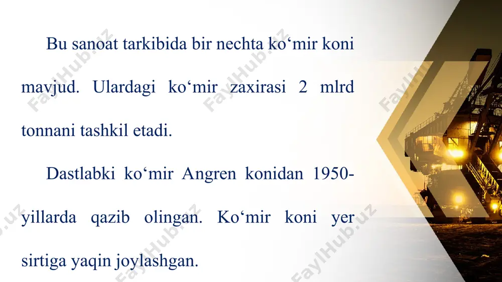 moqda, shaxtalar chiqindisidan vujudga kelgan tepaliklarni o‘simliklar bilan qoplash, ko‘mirni quvurlar orqali tashish choralari ko‘rilmoqda. this presentation uses a free template provided by fppt.com www.free-power-point-templates.com surxondaryo viloyatining sariosiyo tumanida 1950-yili sharg‘un ko‘mir koni ishga tushirilgan. kondagi ko‘mir yuqori sifatli toshko‘mir bo‘lib, shaxta usulida qazib olinadi. ko‘mirning maydasi qazib olingan joyda briket qilinadi. this presentation uses a free template provided by fppt.com www.free-power-point-templates.com briket - ko‘mir kukunini bosim ostida yoki yopishqoq moddaga aralashtirib zoldir shakliga keltirilgan mahsulot. ko‘mir tog‘lar osha uzunligi 17 km dan ortiq osma sim yo‘l vositasida temiryo‘lga yetkazib beriladi. angren, sharg‘un va boysun konlaridan yiliga 4 mln tonnaga yaqin ko‘mir qazib olinmoqda. this presentation uses a free template provided by fppt.com www.free-power-point-templates.com lekin bu miqdor o‘zbekistonning ko‘mirga bo‘lgan ehtiyojini qondira olmaydi. zero, metallurgiya, kimyo kabi sanoat tarmoqlarining rivojlanishi ko‘mirga bo‘lgan ehtiyojni oshirib yubormoqda (28-rasm). this presentation uses a free template provided by fppt.com www.free-power-point-templates.com this presentation uses a …
