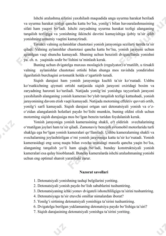 tsiyenti (α) bilan belgilanadi, uning qiymatlari α=0,8-0,9 boʻlganda yonish jarayoni qisqa vaqt davom etadi. alanganing tarqalish tezligi yuqori boʻladi. bosimning qiymati ham eng baland boʻlib, siklda eng samarali ish bajarilgan boʻladi, chunki yonish jarayonining birinchi davri qisqaradi, asosiy davri esa tez amalga oshadi. havoning ortiqlik koeffitsiyenti koʻtarilishi bilan (α>1) yonish choʻzlib ketadi, chunki birinchi yonish davrining oʻtish vaqti kattalashib ketadi. benzinli dvigatellarda havoning ortiqlik koeffitsiyenti α=1,05-1,15 boʻlganda ular tejamli ishlaydi, yonilgʻi toʻla yonadi, natijada issiqlikdan maksimal foydalaniladi, indikator foydali ish koeffitsiyenti ηi baland boʻladi. ammo dvigatelning quvvati kamayadi. ishchi aralashma sifatini yaxshilash maqsadida unga uyurma harakat beriladi va uyurma harakat tezligi qancha katta boʻlsa, yonilgʻi bilan havoaralashmasining sifati ham yuqori boʻladi. ishchi zaryadning uyurma harakat tezligi alanganing tarqalish tezligiga va yonishning ikkinchi davrini kamayishiga ijobiy ta’sir qilib yonishning umumiy vaqtini kamaytiradi. tirsakli valning aylanishlar chastotasi yonish jarayoniga sezilarti tarzda ta’sir qiladi. valning aylanishlar chastotasi qancha katta boʻlsa, yonish jarayoni uchun …