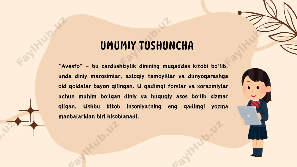 yati haqida qimmatli ma’lumot beradi. tilshunoslik va adabiyot – "avesto" qadimgi tillarni va yozuv tizimlarini o‘rganishda muhim manba hisoblanadi. huquqiy ahamiyati – unda qadimgi qonunlar, axloq qoidalari va odatlar bayon etilgan. "avesto"ning pedagogik ahamiyati "avesto" nafaqat diniy va falsafiy asar, balki pedagogik jihatdan ham katta ahamiyatga ega. unda inson tarbiyasi, axloqiy qadriyatlar, bilim va ma’rifatga intilish, jamiyatdagi odob-axloq qoidalari haqida qimmatli fikrlar bayon etilgan. unda quyidagi pedagogik tamoyillar ilgari surilgan: "avesto" insonni ma’naviy barkamollikka yetaklaydigan uch asosiy tamoyilni ilgari suradi: yaxshi fikr (hu-mata) – insonning ijobiy tafakkuri va to‘g‘ri qarorlar qabul qilish qobiliyati. yaxshi so‘z (hu-ukhta) – odobli, samimiy va rostgo‘y bo‘lish tamoyili. yaxshi amal (hu-varshta) – ezgulik yo‘lida harakat qilish va odilona ish tutish. bu tamoyillar insonni har tomonlama komil shaxs sifatida tarbiyalashni ta’minlaydi. avestoda tarbiya va ta’lim tamoyillari asosiy ta’sir yo‘nalishlari: axloqiy tarbiya tizimi rivojiga ta’sir qilgan. bilim olish va tafakkur qilish muhim ekanligi targ‘ib qilingan. ruhiy poklik …