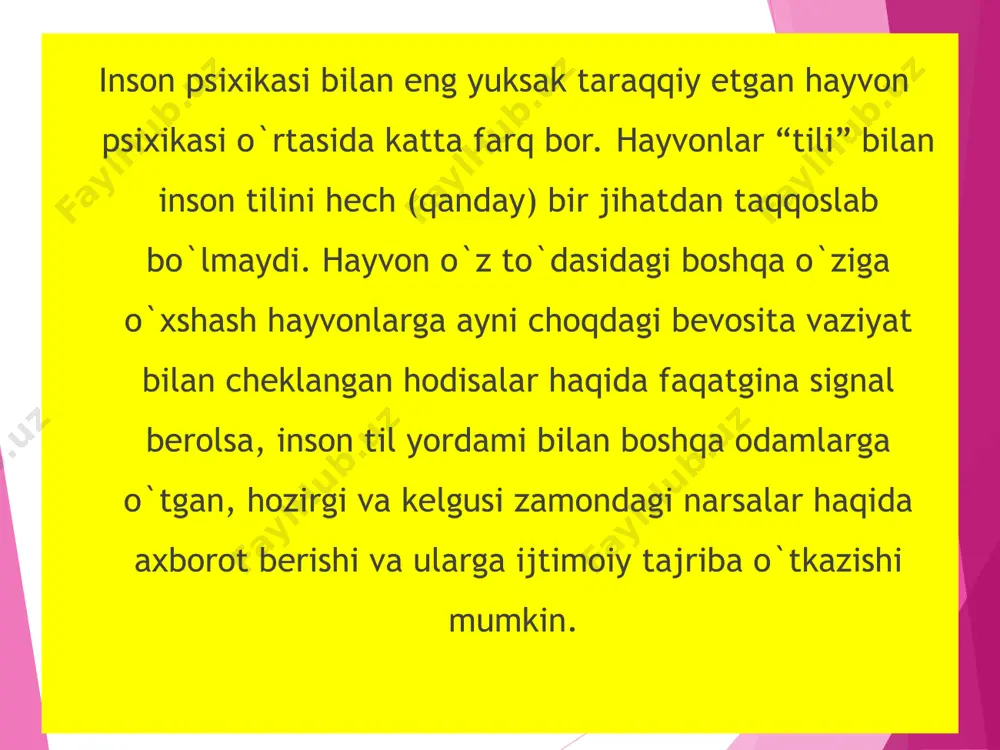 abatga kirishmas ekan, shaxs sifatida tarkib topmaydi. inson ongining rivojlanishiga asosiy omil mehnat faoliyati bo`lgan, ya`ni odamlarning birgalikda qurol yasash va undan foydalanish faoliyatlari bo`lgan. mehnat faoliyati ijtimoiy munosabatlar taraqqiyotiga ta`sir qiladi, ijtimoiy munosabatlarning rivojlanishi esa mehnat faoliyatining takomillashuviga ta`sir ko`rsatadi. inson ongi mehnatda rivojlanadi. inson ongi evolyutsion taraqqiyot jarayonida aks ettirishning eng yuksak shakli sifatida maydonga kelib, ong tufayli odam moddiy dunyodagi narsalarning ob`ektiv barqaror xususiyatlarini ajrata oladi va shu asosda tevarak -atrofdagi voqelikni o`zgartira oladi. demak, inson psixikasini - ong deb atash mumkin. shuningdek, "ontogenez" tushunchasining ruhiy xususiyatlarini tushuntirish uchun ikkala omilni - irsiy va ijtimoiy omillarni birlashtirishga urinishlar qilingan. bu psixologiyada uchinchi yo'nalish - ikki omil nazariyasi paydo bo'ldi. birinchi tadqiqotchi v. stern bo'lib, u ikki omilning yaqinlashish printsipini shakllantirgan. ushbu printsipga ko'ra, shaxsning rivojlanishidagi irsiy chiziq uning ijtimoiy muhiti tomonidan belgilanadigan chiziq bilan kesishadi shunga ko'ra, inson psixologiyasining ontogenezi psixika faoliyatining ichki va tashqi sharoitlarini birlashtirish …