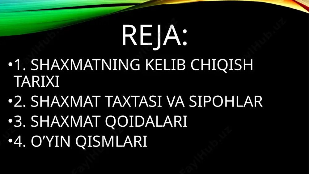 oʻladi: shoh — 1 dona farzin — 1 dona rux — 2 dona fil — 2 dona ot — 2 dona piyoda — 8 dona shaxmat taxtasi — 64 kichik kvadratlarga ajratilgan, och va to‘q ranglarga bo’yalgan katta kvadrat shaklidagi taxtadan iborat. umumiy hisobda 32 ta to‘q va 32 ta och rangli xonalardan iborat. taxtaning o‘ng tomon eng chetidagi xona oq rangli holda qolishi kerak. shaxmat taxtasining har bir xonasi o‘z nomiga ega. uzunlik bo‘yicha vertikal qatorlar: 1, 2, 3, 4, 5, 6, 7, 8 raqamlari bilan belgilangan. ko‘ndalang — yoki gorizontal yo‘llar: a, b, c, d, e, f, g, h lotin alifbosi harflari bilan belgilangan. xonaning nomi gorizontal harflar va vertikaldagi raqamdan tashkil topadi. misol uchun: «e4», «f6». shaxmat taxtasida gorizontallar, vertikallar, diagonallar mavjud. o‘yinni boshlashdan awal taxtani daftarga chizib olib, uni yaxshilab yodlab olish zarur. shaxmat taxtasini mukammal bilish shart, ya’ni ham oqlar, ham qoralar tomonidan shaxmat taxtasidagi …