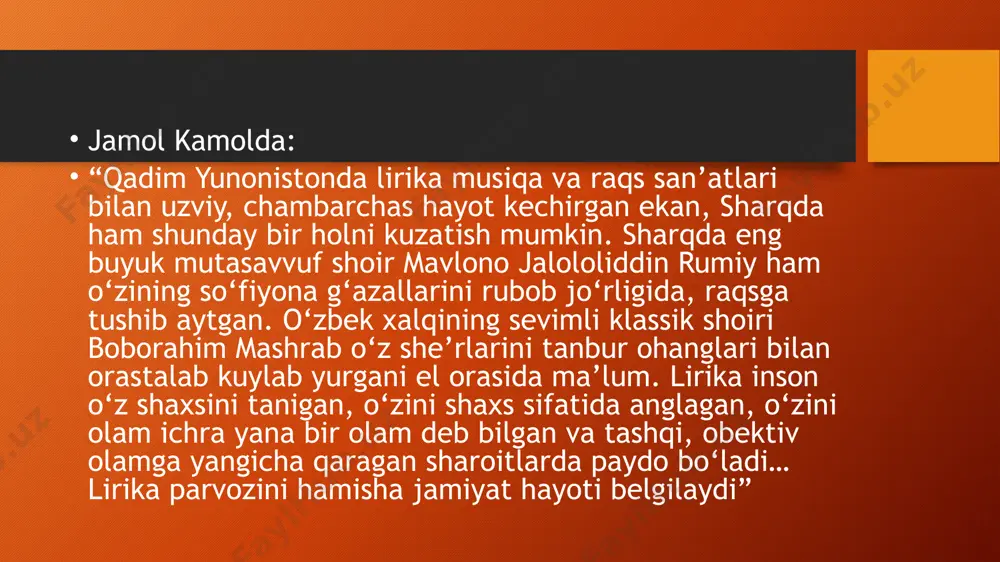 yatga, hamma odamlarga bir xilda aloqadirligini anglash she’rni his qilishdagi birinchi qadam, dastlabki odim bo‘ladi. she’riy asarni anglash, undagi muallif ko‘zda tutgan niyatni, maqsad va vazifalarni tushunib yetish, she’r g‘oyasining mag‘zini chaqish uni o‘qishdan, yanada aniqrog‘i ifodali o‘qishdan boshlanadi. she’riy asarlarni tahlil qilishda o‘quvchilarning yoshi alohida e’tiborda tutilishi kerak. misol tariqasida akademik litseylarning o‘quvchilarini oladigan bo‘lsak, ularning qalbiga lirik asarlar mohiyatini singdirishda mantiqiylik va emotsionallikni qo‘shib olib borishning samaradorli bo‘lishini ta’kidlash joiz. bu yoshda ularga she’riy asarning obrazlar tizimi haqida gapirish, muhokama va munozaralarni shu sohaga burush o‘rinli bo‘ladi. ayni paytda she’rning emotsional – obrazli qirralaridan nazariy tushunchalar tomoniga o‘tish imkoniyati ham mavjud bo‘ladi. nazariy tushunchalar asosida she’riy asar obrazlarini tushunish tomon boorish ham amaliyotda sinovdan o‘tgan va o‘zini oqlagan usullardan hisoblanadi. buni navoiy g‘azallari misolida ko‘rib chiqishimiz mumkun akademik litseylarning ikkinchi bosqichida o‘qiyotgan o‘quvchilar umumiyo‘rta ta’lim maktabida hamid olimjon, shukrullo, mahsud shayxzoda, atoiy, bobur, muqumiy, g‘afur g‘ulom, mirtemir, usmon …