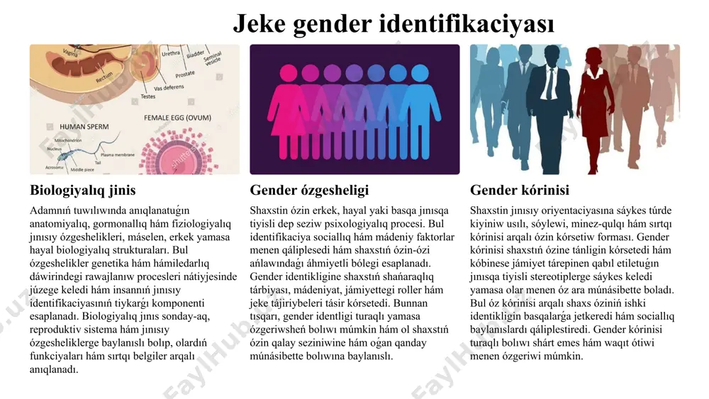 m qatnasıqlarında áhmiyetli orın iyeleydi. psixologiyalıq ózgeshelikler bolsa insannıń shaxsı, sezimleri, xarakteri, temperament hám intellektual imkaniyatların kórsetedi. gender psixologiyası bul ózgesheliklerdiń erkek hám hayallarda qalay payda bolıwın úyrenedi. máselen: hayallar - kóbirek empatiya, sezgirlik, sezimli ashıqlıq hám sociallıq baylanısqa beyim boladı. erkekler - erkinlik, isenim, anıqlıq hám maqsetke umtılıwshılıq penen ajıralıp turadı. sonday-aq, gender psixologiyası hárbir insannıń ózine tán psixologiyalıq ózgesheliklerin jámiyettegi gender stereotipleri hám talaplarına beyimlestiriw procesin de úyrenedi. 4 emocionallıq bildiriw hayallar kóbirek sezimlerdi ashıq hám bay kórsetiwge meyil bolıp, empatiya hám sociallıq qollap-quwatlawdı izleydi. erkekler bolsa kóbinese sezimlerdi ishke jabıw hám olardı basqarıw strategiyaların qollanadı, ásirese ázzilikti kórsetpewge umtıladı. qarar qabıl etiw hayallar topar ishinde másláhátlesiw hám birge islesiw arqalı qarar qabıl etiwdi abzal kóredi, bul bolsa óz ara isenimdi arttıradı. erkekler bolsa kóbirek erkin hám tez qararlar qabıl etiwge umtıladı, nátiyjege baǵdarlanǵan qatnastı kórsetedi. stresske múnásibet hayallar stresske kóbirek sociallıq qollap-quwatlawdı tartıw hám emocionallıq ashıqlıq arqalı …